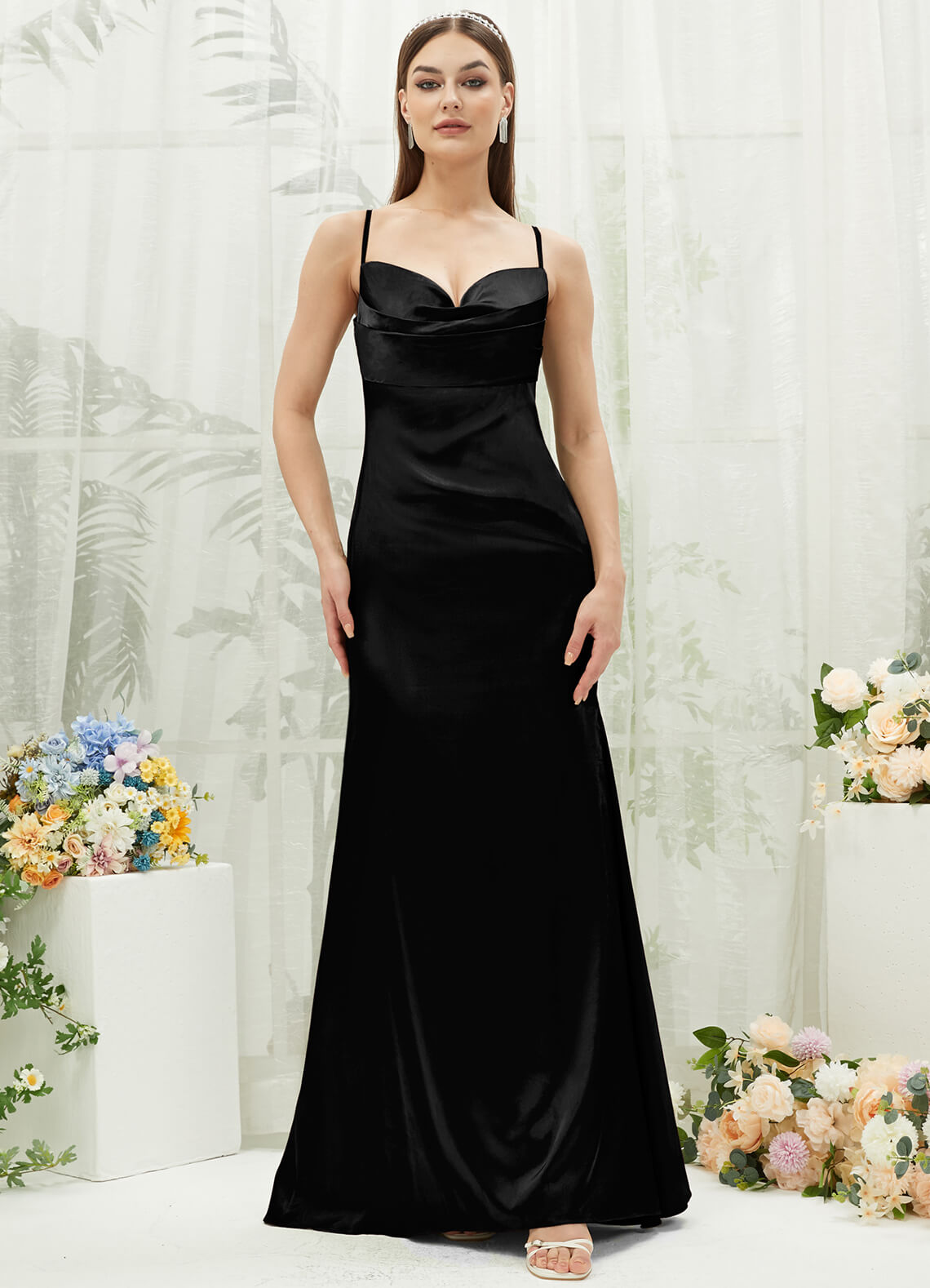 Elegant Black Satin Cowl Neck Backless Long Bridesmaid Dress with Adjustable Straps - Perfect for Weddings, Formal Events & Evening Parties