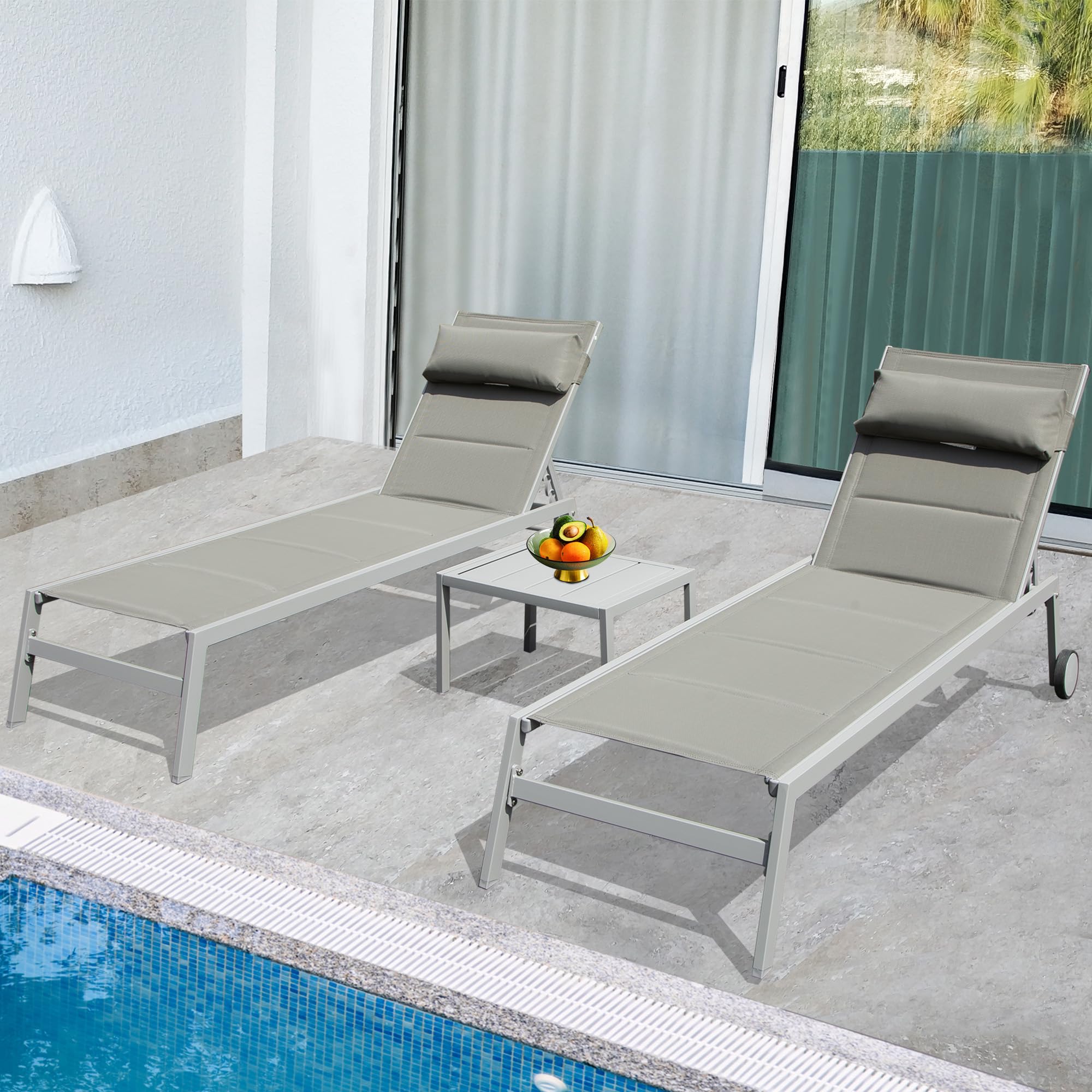 Domi 3-Piece Outdoor Chaise Lounge Set - Aluminum Pool Chairs with Wheels & Side Table for Poolside, Beach, Yard