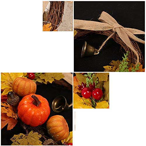 12 Inch Autumn Fall Wreath with Christmas Bell, Bow, Pumpkin & Maple Leaves - Artificial Berry Clusters Thanksgiving Harvest Wreath on Twig Base - Perfect for Front Door, Home, Office & Window Decor During Fall Season