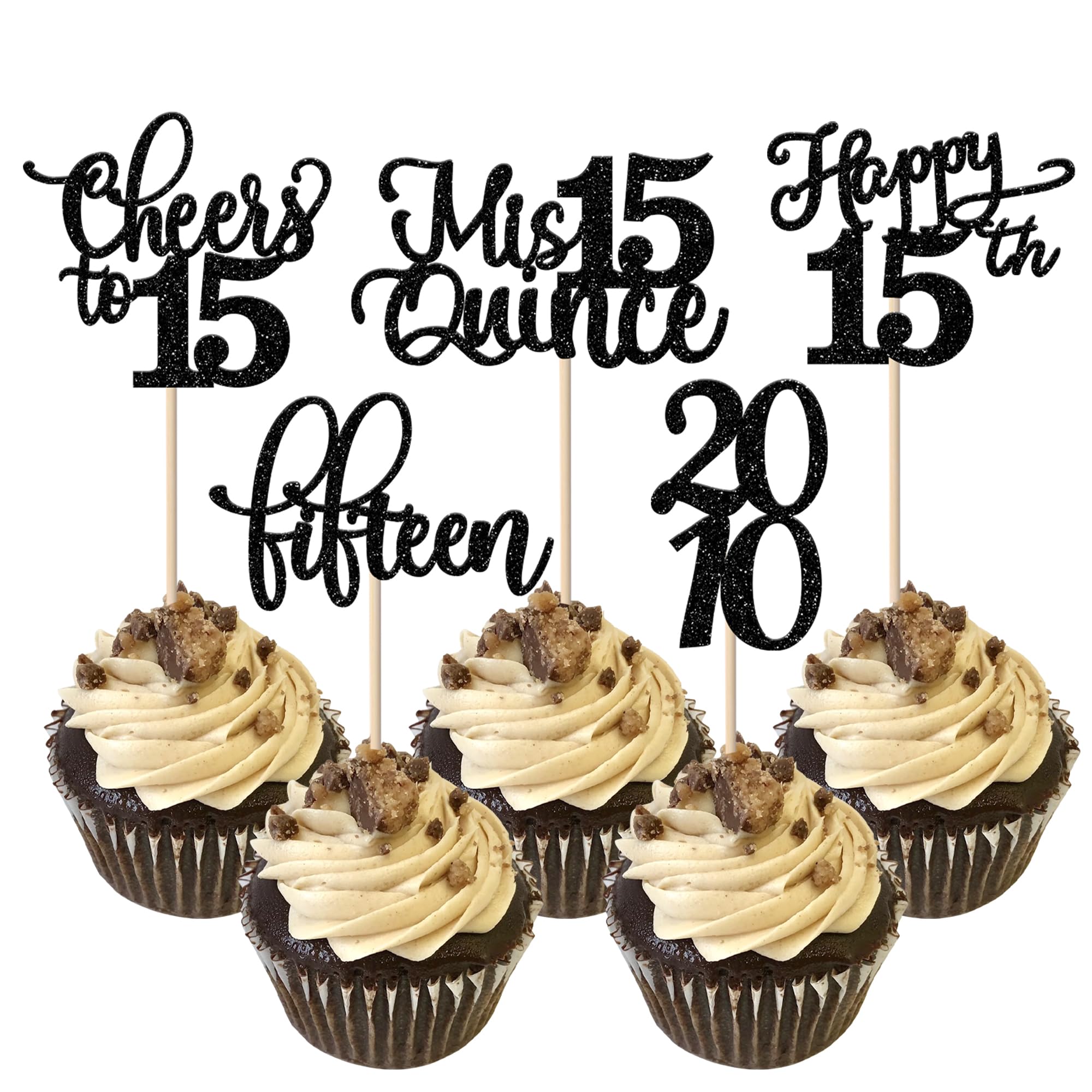 Rsstarxi 30 Pack Glitter 15th Birthday Cupcake Toppers - Happy 15th Cupcake Picks, Cheers to 15 Years, Mis Quince Decorations for 15th Birthday Party, Anniversary, Sweet 16 Celebration - Perfect for Quinceañera, Milestone Birthdays & Cake Decorating
