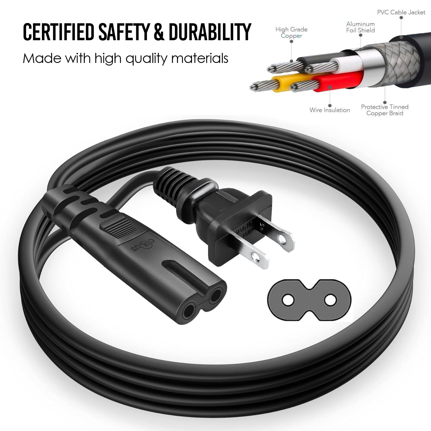 (10 Pack) 10ft TV Power Cord - Replacement 2 Prong Power Cable Compatible with Sony, Samsung, LG, TCL, Apple TV, Insignia, Sharp, Toshiba, JVC, Hisense - Perfect for Home Theater Setup & TV Replacement (10-Feet, Black)