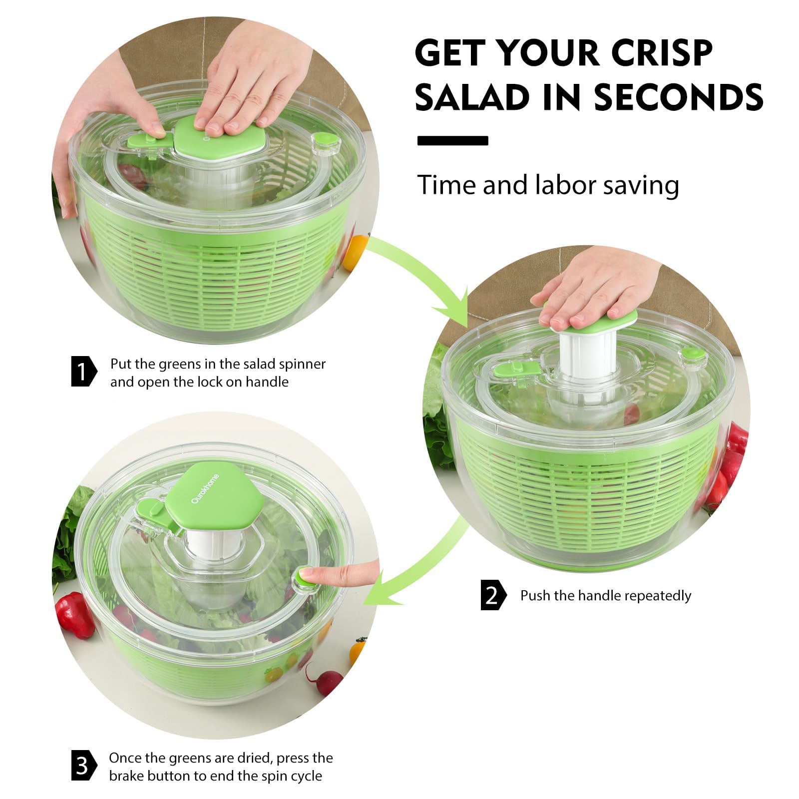 Ourokhome 6.3 QT Salad Spinner - One Handed Easy Press Lettuce Dryer with Retractable Pusher & Brake Button - Large Vegetable Dryer for Greens, Herbs, Berries, Fruits - Perfect for Kitchen, Meal Prep & Healthy Eating - Green
