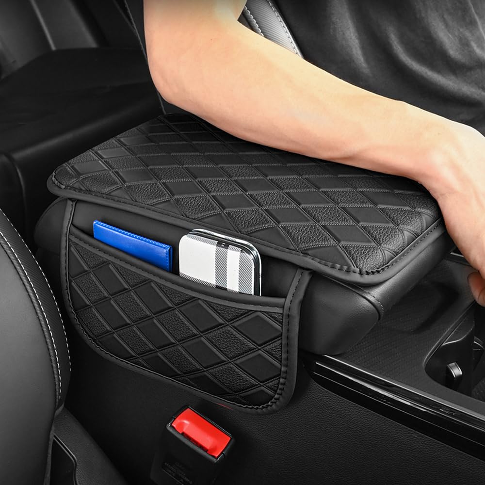 Salior Widen Leather Car Center Console Cover with 2 Side Pockets, Multi-Functional Arm Rest Cover for Enhanced Car Organizers and Storage, Total Protection Accessories for Daily Commute and Long Drives (Black)