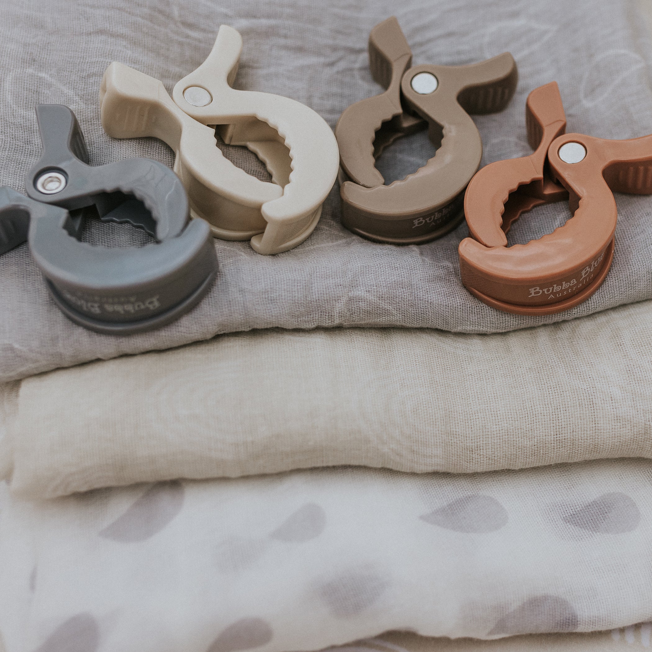 4-Pack Unisex Pram Clips - Grey, Sand, Nutmeg & Terracotta | Secure Baby Stroller Accessories for Shopping Trips & Outdoor Adventures