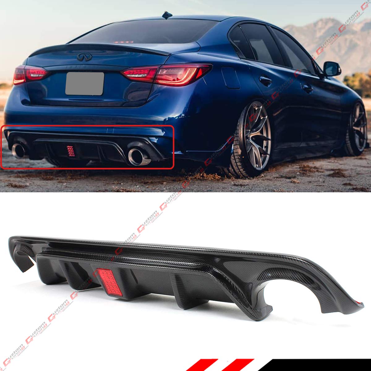 Carbon Fiber Rear Bumper Diffuser Valance with Red LED Brake Light for 2018-2022 Infiniti Q50 - Upgrade Your Car's Aerodynamics & Style (Perfect for Racing, Car Shows & Street Performance)