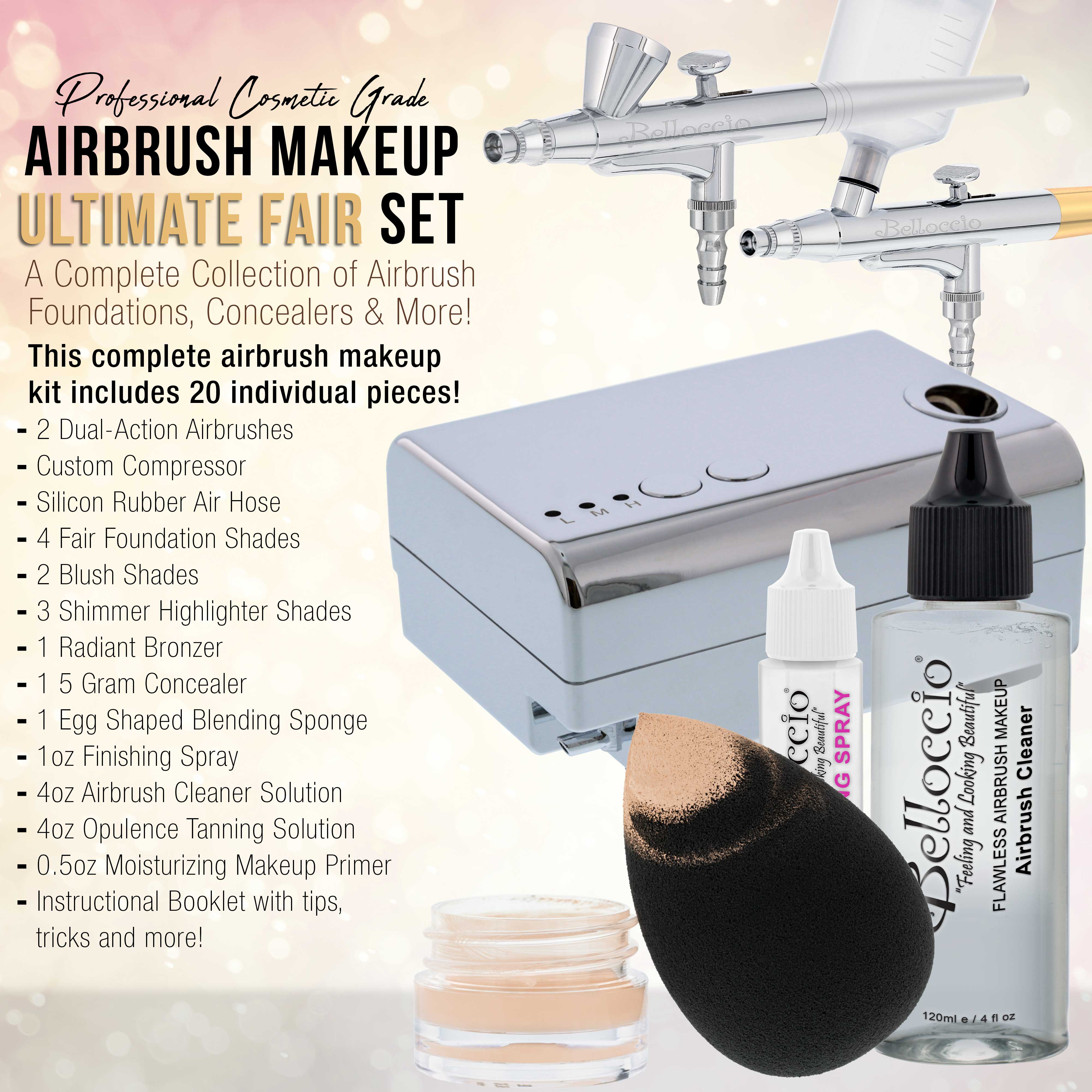 Belloccio Ultimate Airbrush Makeup & Spray Tanning System Kit - Professional Airbrush Makeup Gun, Fair Shade Foundation, Blush & Tanning Solution for Flawless Beauty - Perfect for Bridal, Photo Shoots & Salon Use