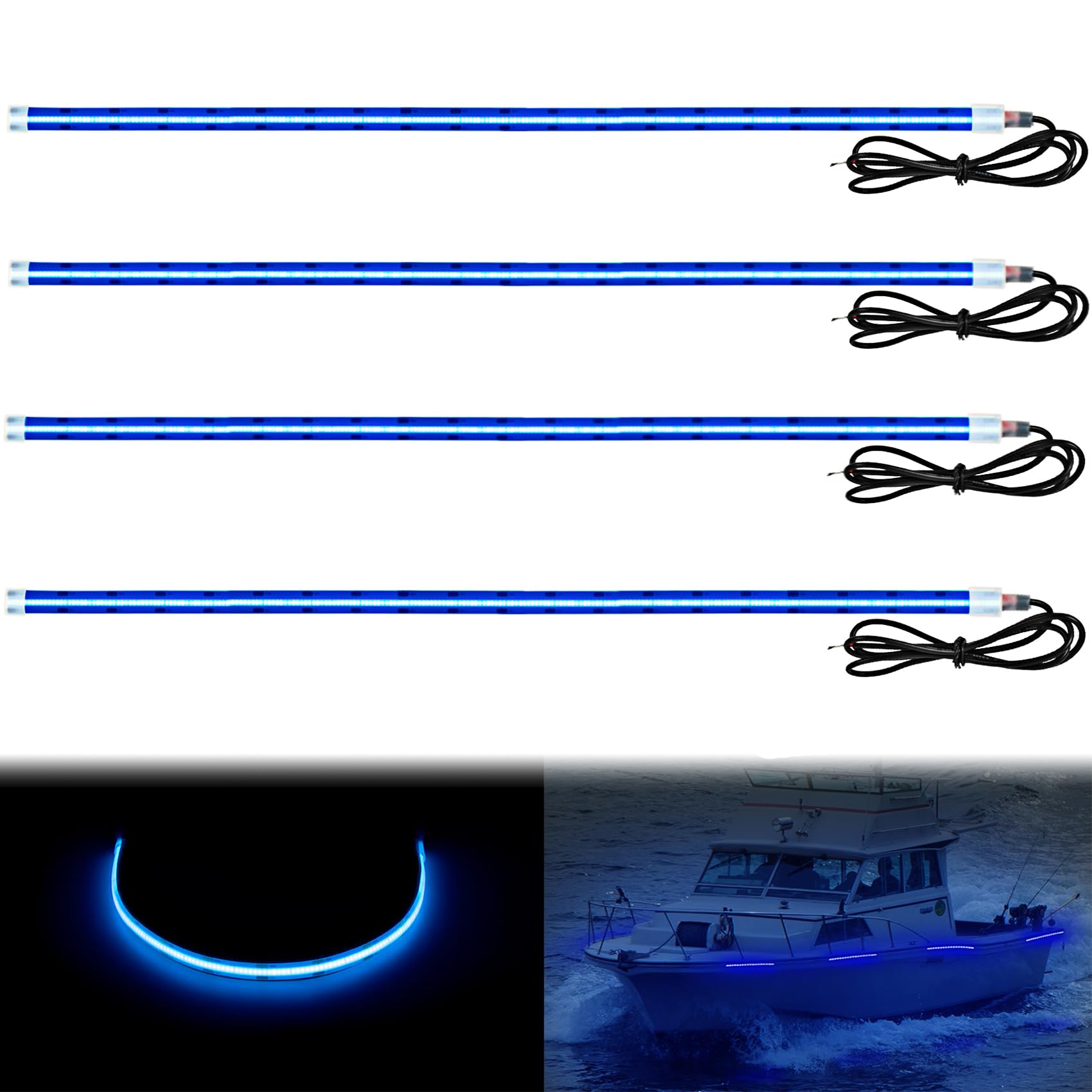 Obcursco 20 Inch 12V COB Marine LED Strip Lights - IP68 Waterproof Boat Interior & Deck Lighting for Kayak, Jon Boat, Fishing Boat, Pontoon - Perfect for Cabin, Cockpit, and Underwater Accent Lighting (4 Pack, Blue)