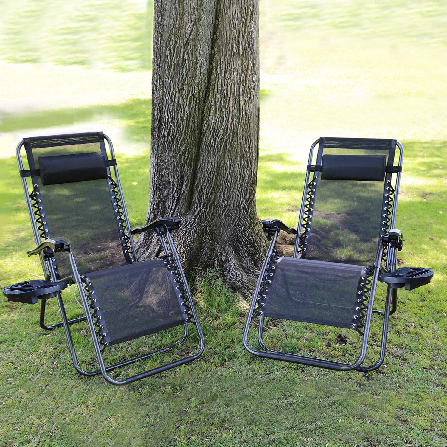 iMounTEK Set of 2 Adjustable Zero-Gravity Reclining Outdoor Lounge Chairs with Pillows & Cup Holder Side Tray - Supports 330lbs - Patio, Porch, Deck, Poolside, Beach, Lawn, Yard Furniture - Black/Blue/Brown/Tan - Perfect for Relaxing, Sunbathing, and Outdoor Lounging