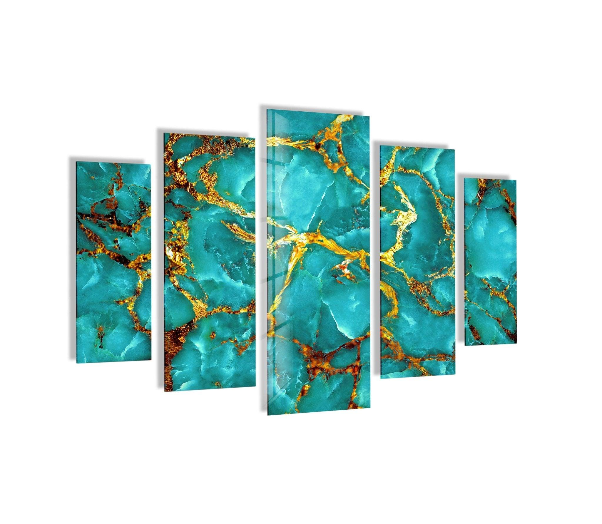Abstract Glass Wall Art in Aqua Blue with Gold Veins - Modern Home Decor for Living Room, Bedroom & Office