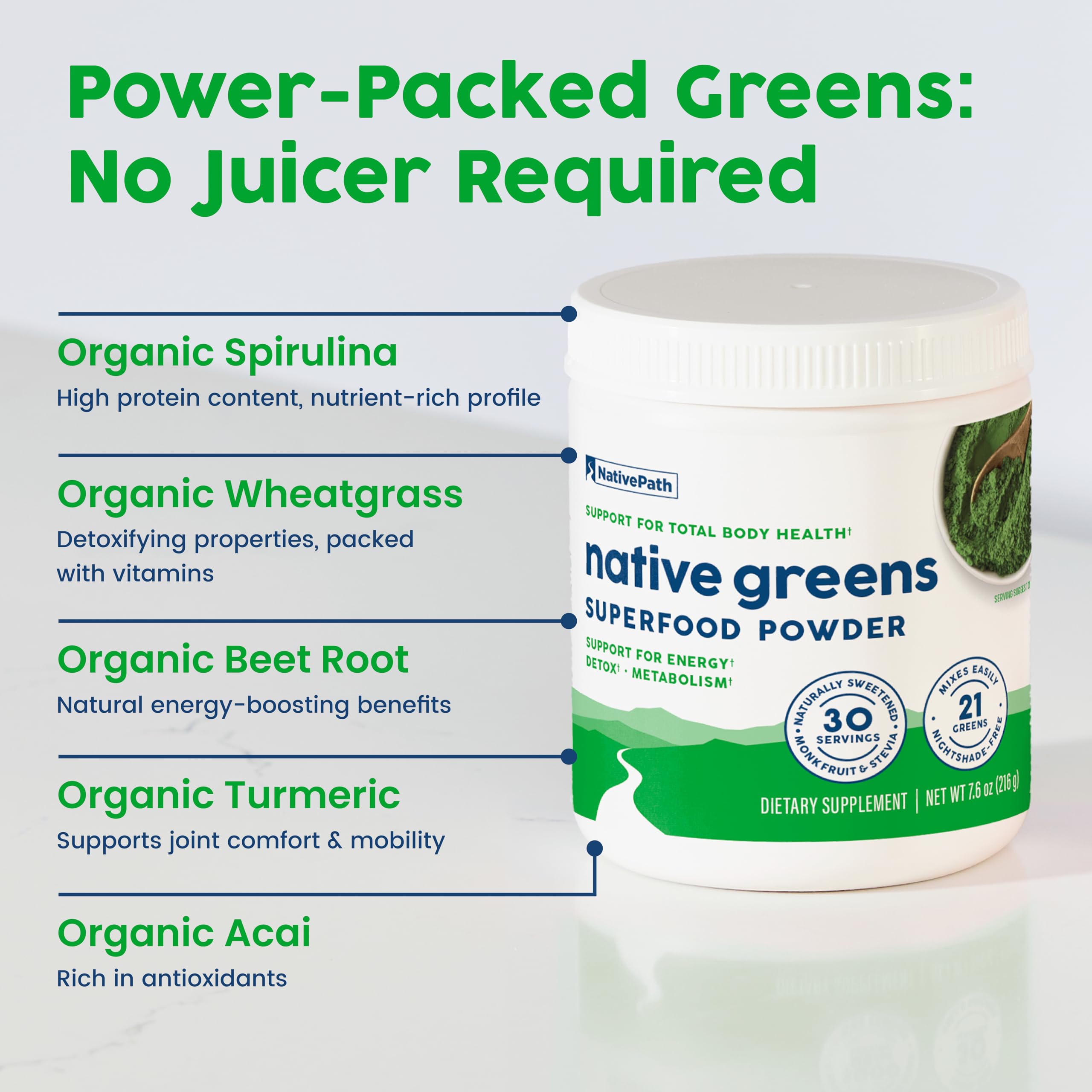 NativePath Organic Super Greens Powder - Daily Detox & Energy Booster with Organic Greens & Superfoods for Gut Health, Thyroid Support & Wellness (30 Servings) | Perfect for Smoothies, Juices & Healthy Lifestyle