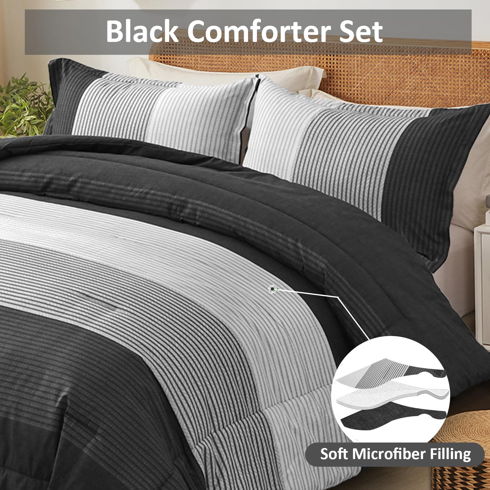 WONGS BEDDING King Size Black Comforter Set - Reversible Black Striped Down Alternative Duvet Cover with 2 Pillowcases (104
