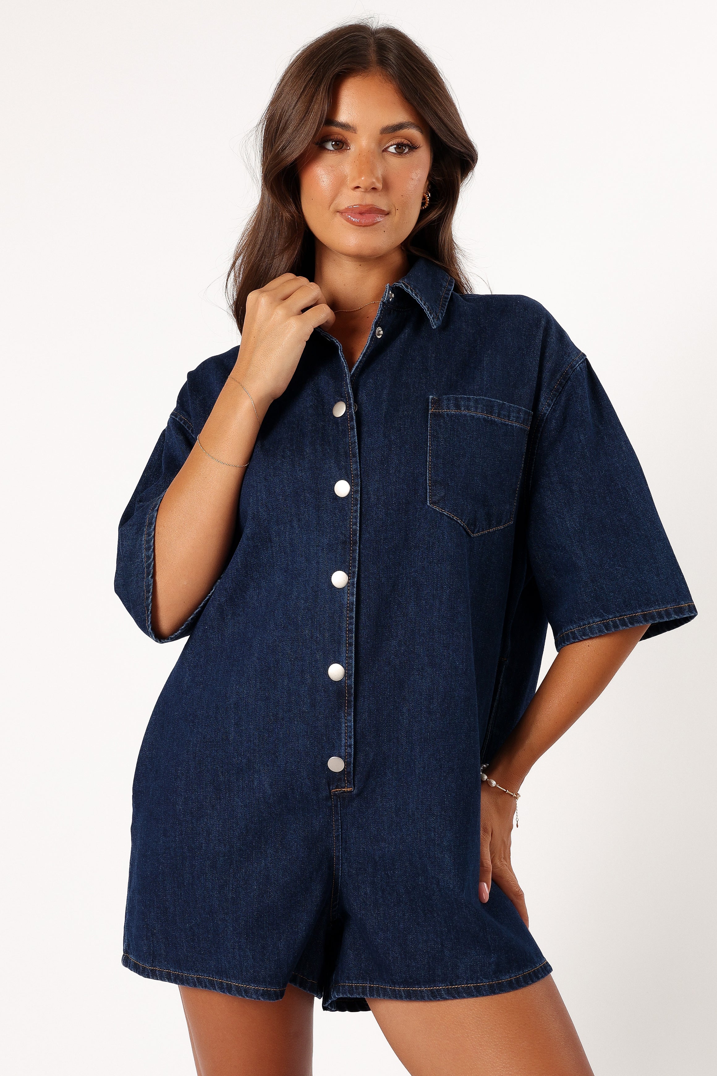 Briellen Women's Dark Denim Romper Jumpsuit - Casual Summer Outfit for Beach, Travel & Date Night