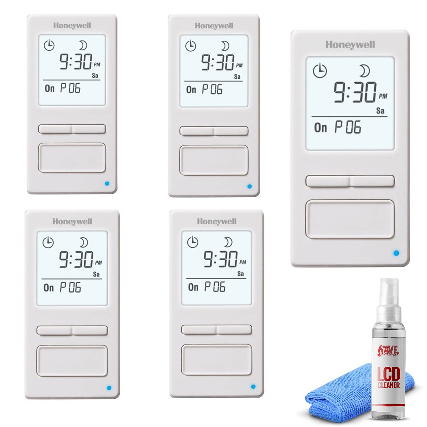 Honeywell 5-Pack RPLS740B1008 7-Day Programmable Light Switch Timer with 6-Piece Cleaning Kit - White | Smart Home Automation for Energy Savings & Convenient Lighting Control | Perfect for Bedrooms, Living Rooms & Outdoor Lights