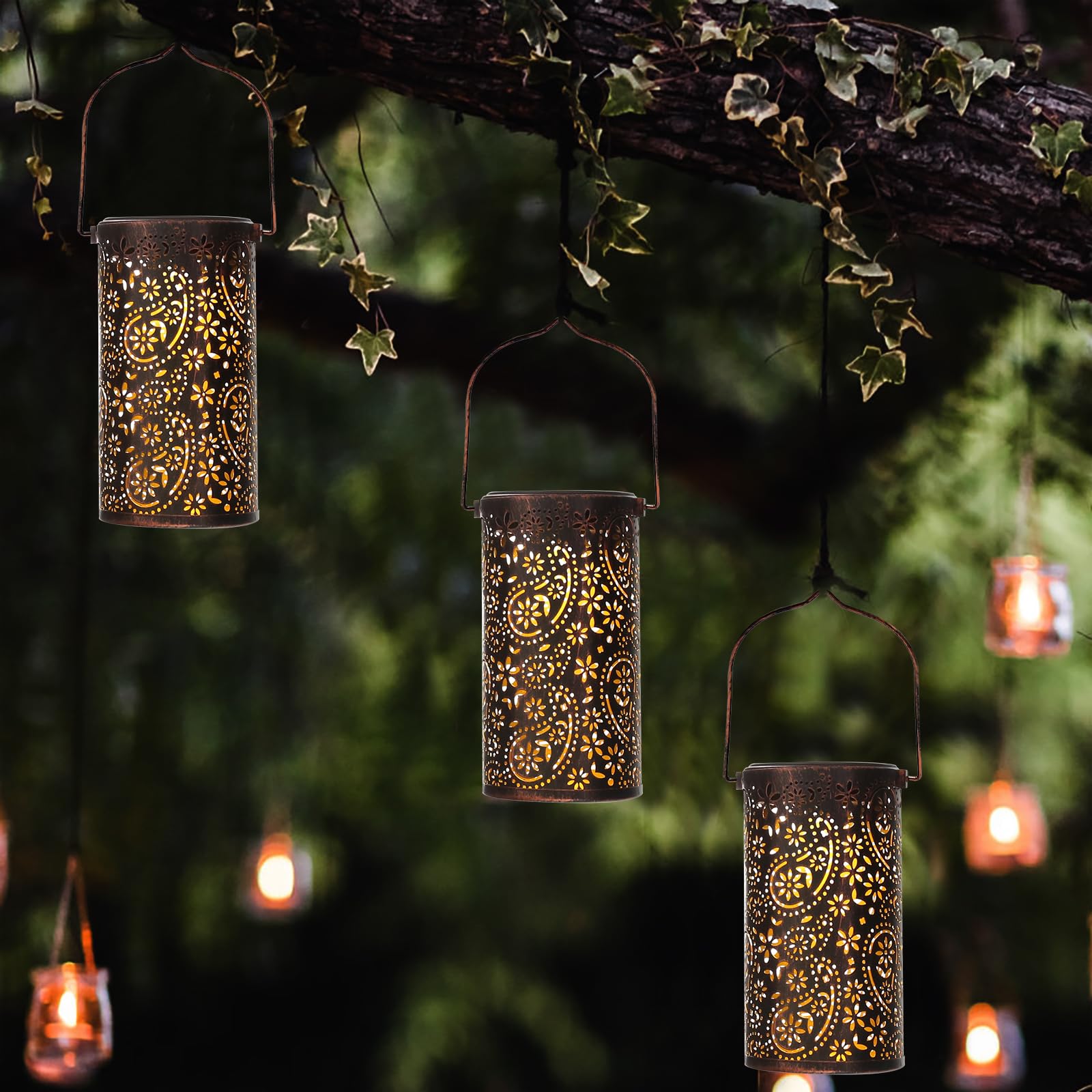 Solar Powered Outdoor Hanging Lanterns - Waterproof Metal Garden Lights for Patio, Yard, Table Decor (2 Pack) | Perfect for Backyard Parties, Wedding Decorations & Courtyard Lighting