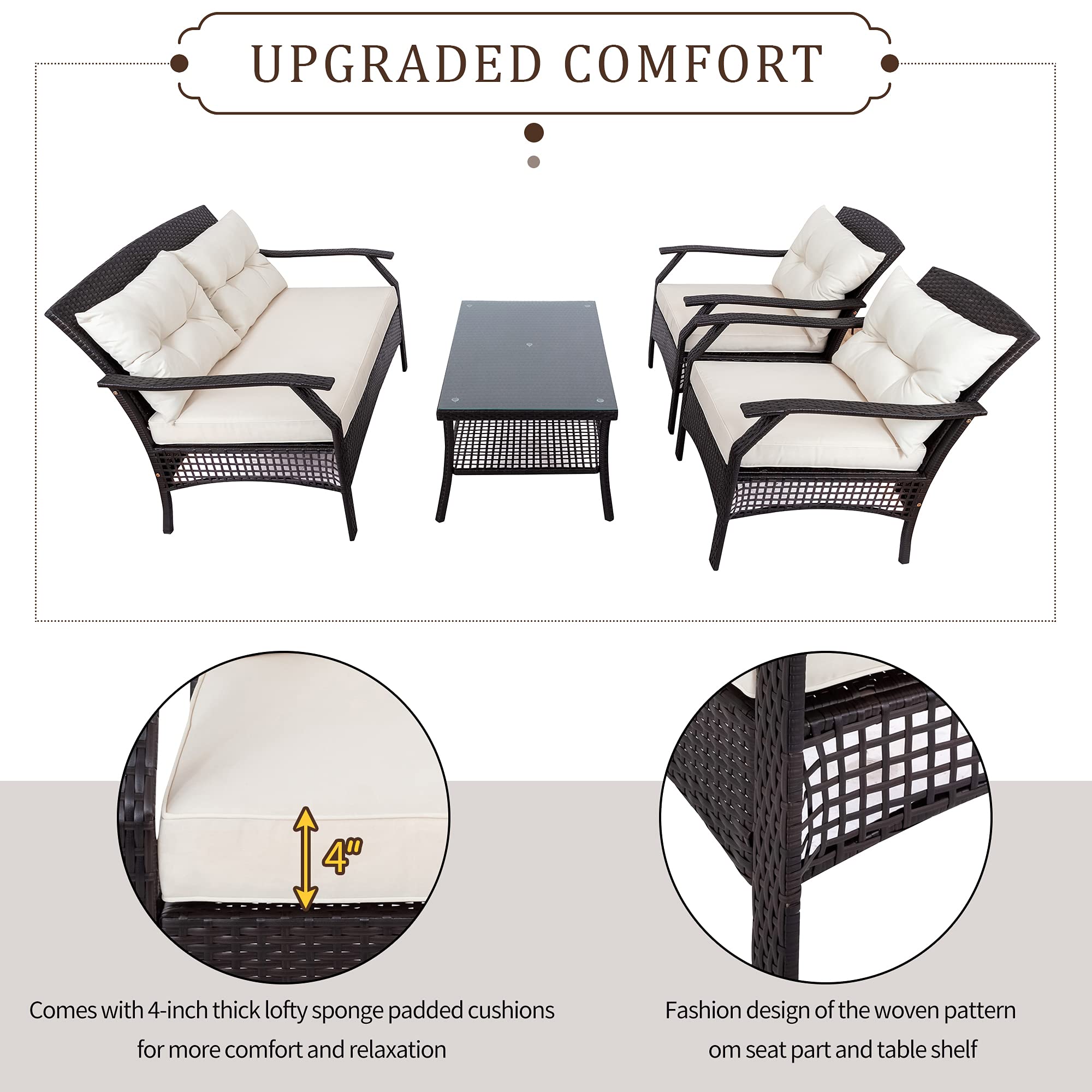 4-Piece Outdoor Patio Furniture Set with Coffee Table & Soft Cushions - 2 Chairs Conversation Set for Porch, Garden, Backyard, Poolside - Durable Weather-Resistant Wicker for Relaxing & Entertaining Outdoors