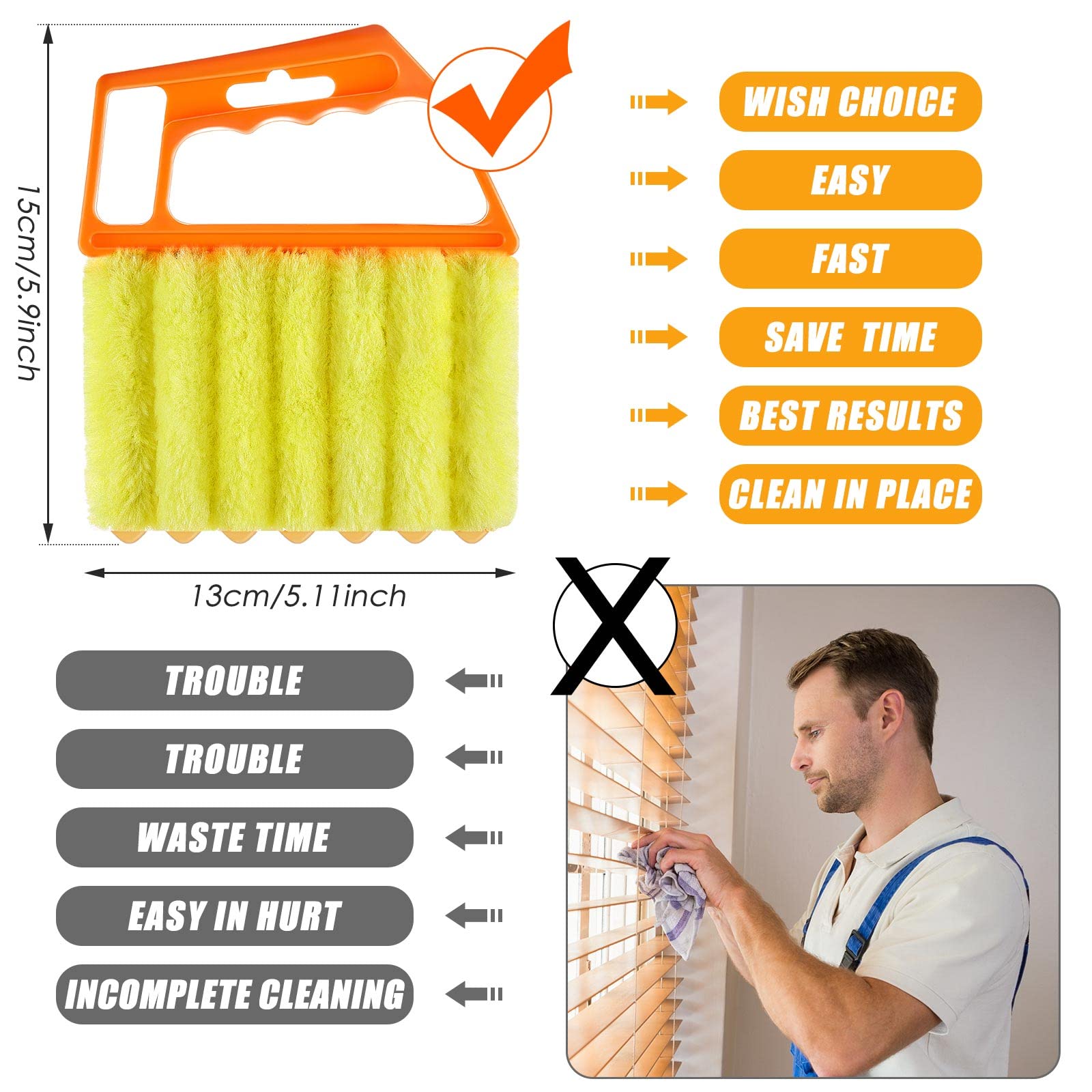 Geiserailie 2-Pack Washable 7-Finger Dusting Cleaner Tool for Window Blinds, Venetian Blinds & Air Conditioner - Mini Handheld Brush with Orange Handle - Removes Dust & Dirt from Wood Blinds, Furniture & Hard-to-Reach Areas