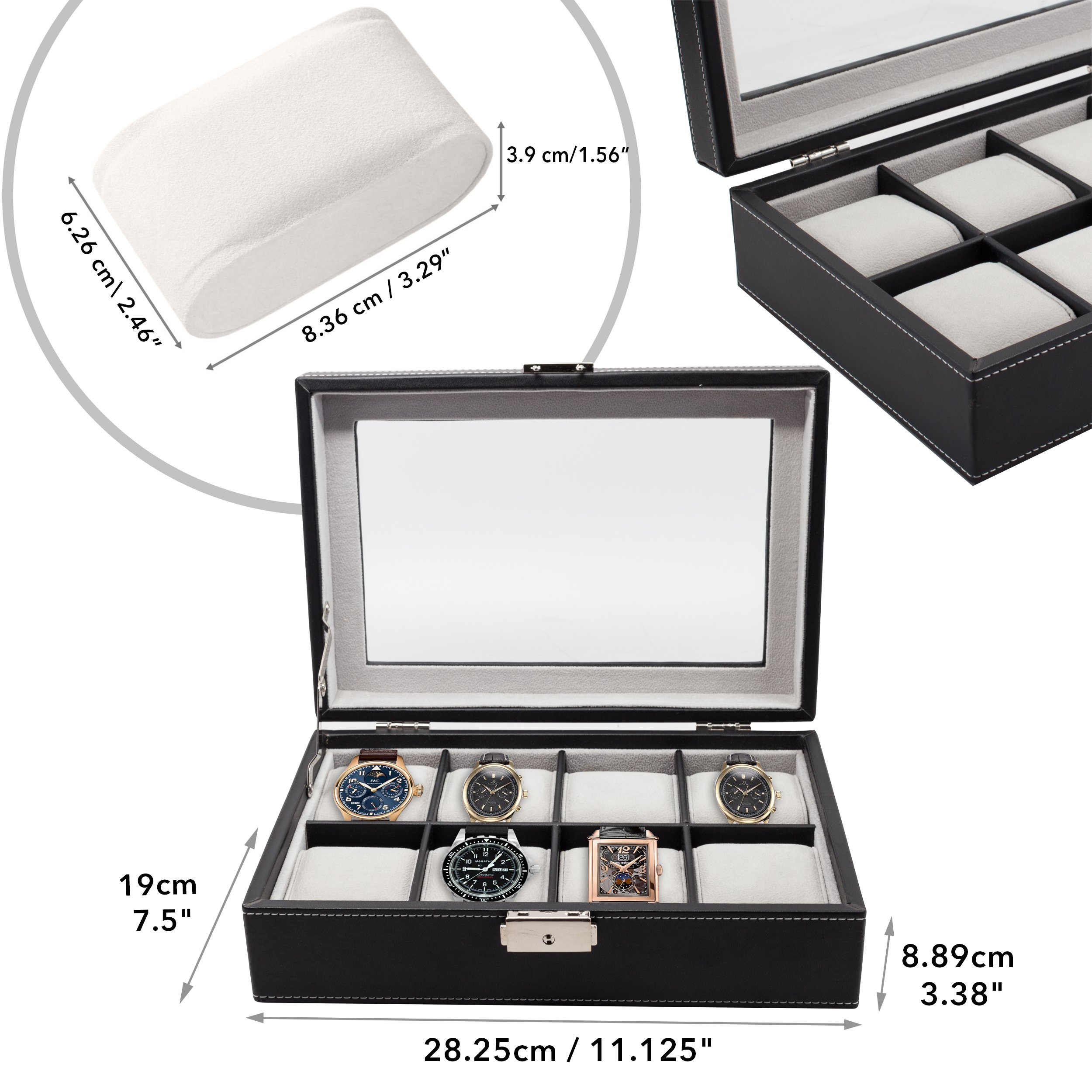 Premium XL Oversized Watch Display Case - Holds Up to 65mm Watches with Glass Top & Large Pillows - Luxury Watch Storage Organizer Box - Perfect for Watch Collectors & Father's Day Gifts - Ideal for Home Display, Jewelry Organization & Watch Protection