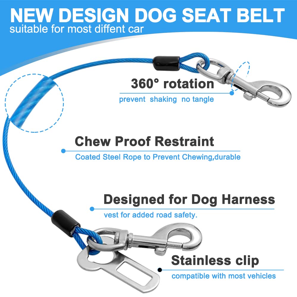 2 Pack Dog Seat Belt Harness for Car - 16 Inch/40CM No Chew Safety Restraint with Double Clips & Latch - Red & Blue Coated Wire Leash for Small to Medium Dogs - Perfect for Road Trips & Safe Car Travel