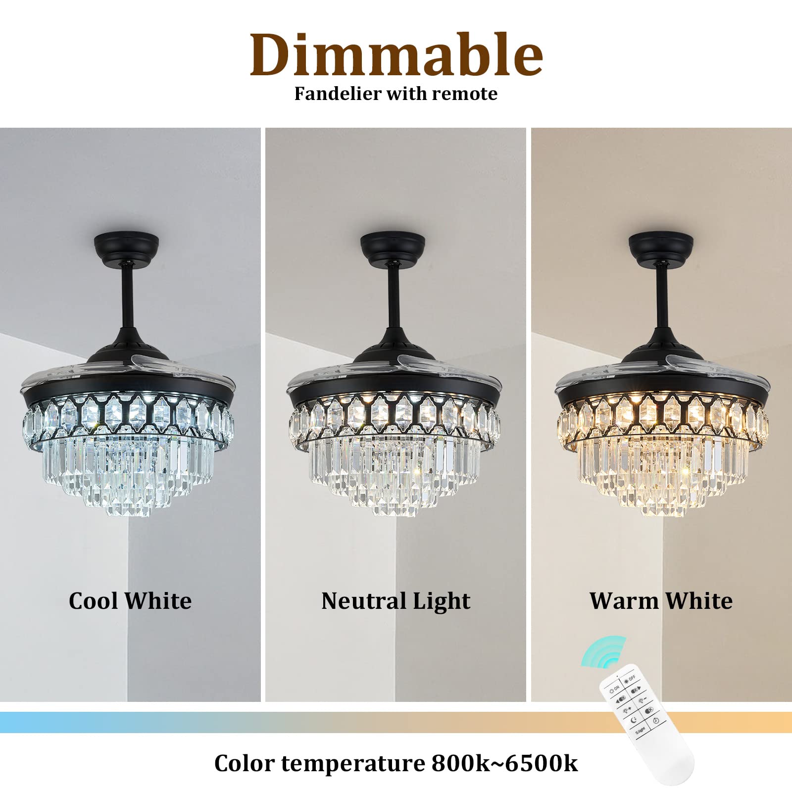 CLAIRDAI 42 Inch Retractable Crystal Ceiling Fan with Light - Dimmable LED Chandelier Fan, 6 Speed Settings & 3 Lighting Modes, Memory Function - Perfect for Living Room, Bedroom, and Dining Room Decor