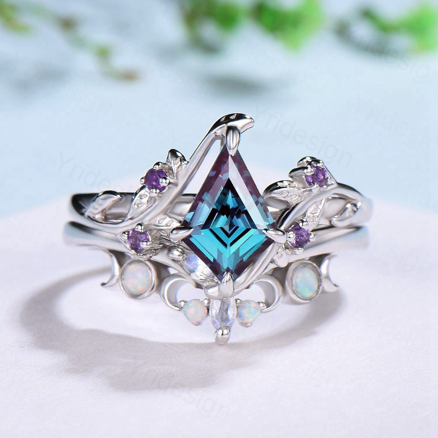 Nature Inspired Alexandrite Kite Engagement Ring Set with Twig Cluster & Amethyst Wedding Band | Vintage Marquise Moonstone Opal Stacking Rings for Women | Perfect for Boho Weddings, Anniversary Gifts & Everyday Jewelry