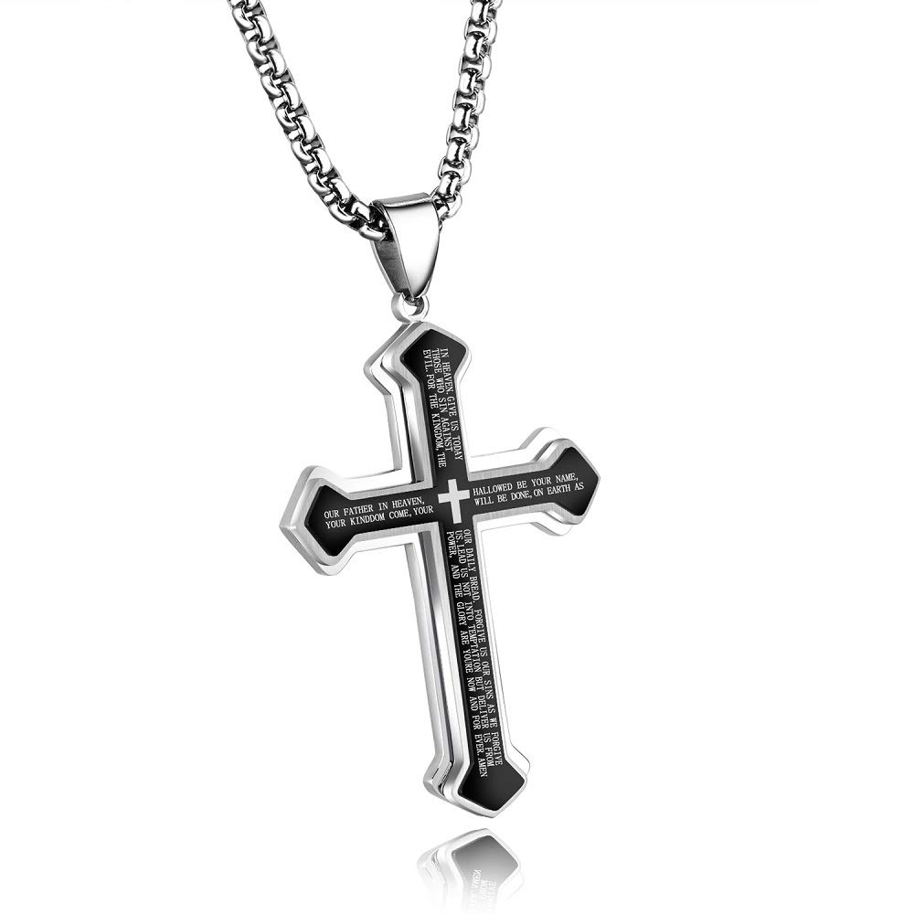 NewZenro 3-Layer Cross Necklace for Men - Stainless Steel Black Pendant with Bible Verse & Lord's Prayer - Religious Christian Jewelry Gift for Faith, Baptism & Daily Wear (23.6 Inch Chain)