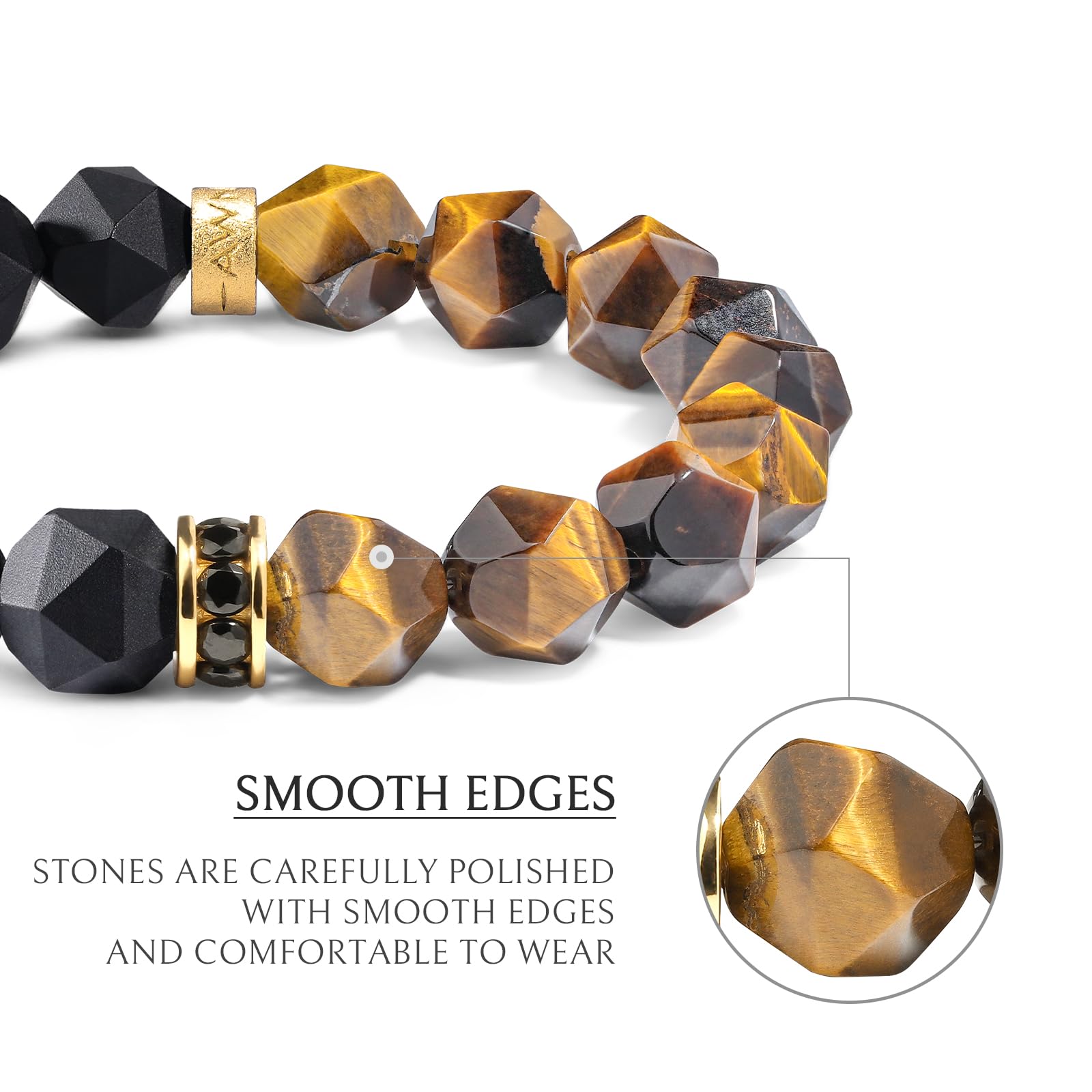 Premium Handmade Beaded Bracelet for Men – Tiger Eye, Onyx & Obsidian Natural Gemstones (10mm) with Sterling Silver Protection Charm – Adjustable Stretch 5.9