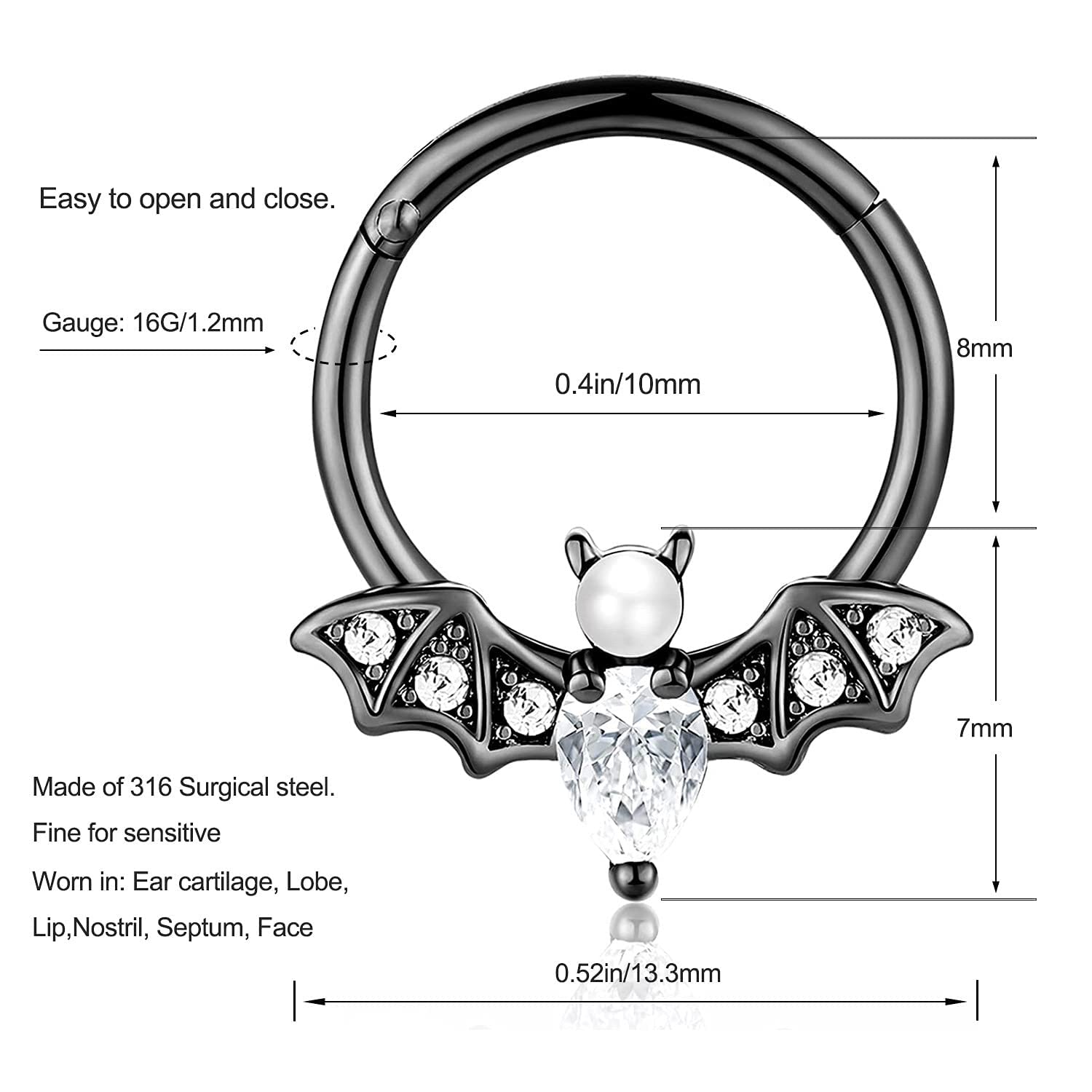 16G Bat & Dragon Claw Septum Rings - Daith, Helix, Tragus & Cartilage Piercing Jewelry for Women & Men | Gothic Body Jewelry for Parties, Concerts & Alternative Fashion