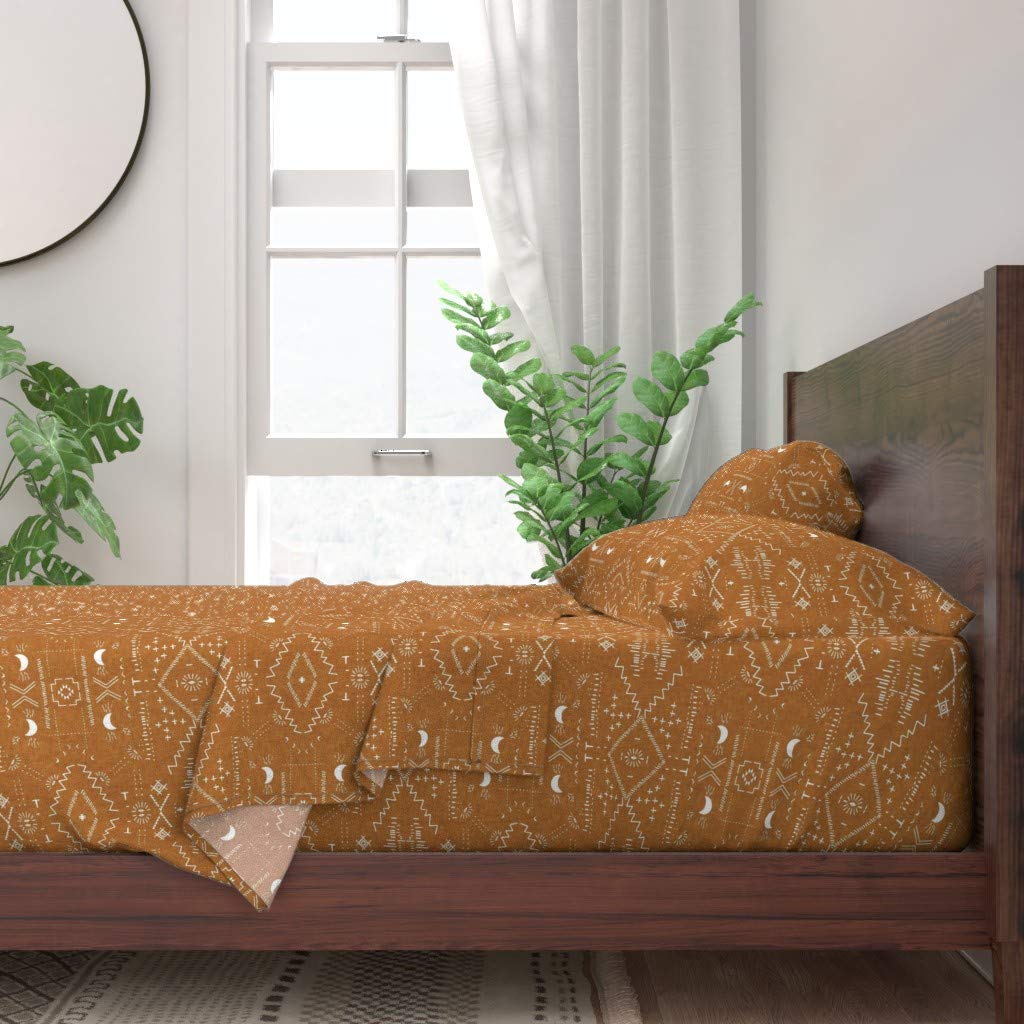100% Cotton Twin Sheet Set 3pc - Geo Brown Mustard Yellow Gold Geometric Dots Tribal Print Bedding | Soft Breathable Sheets for Guest Room, Dorm & Cozy Bedroom Decor