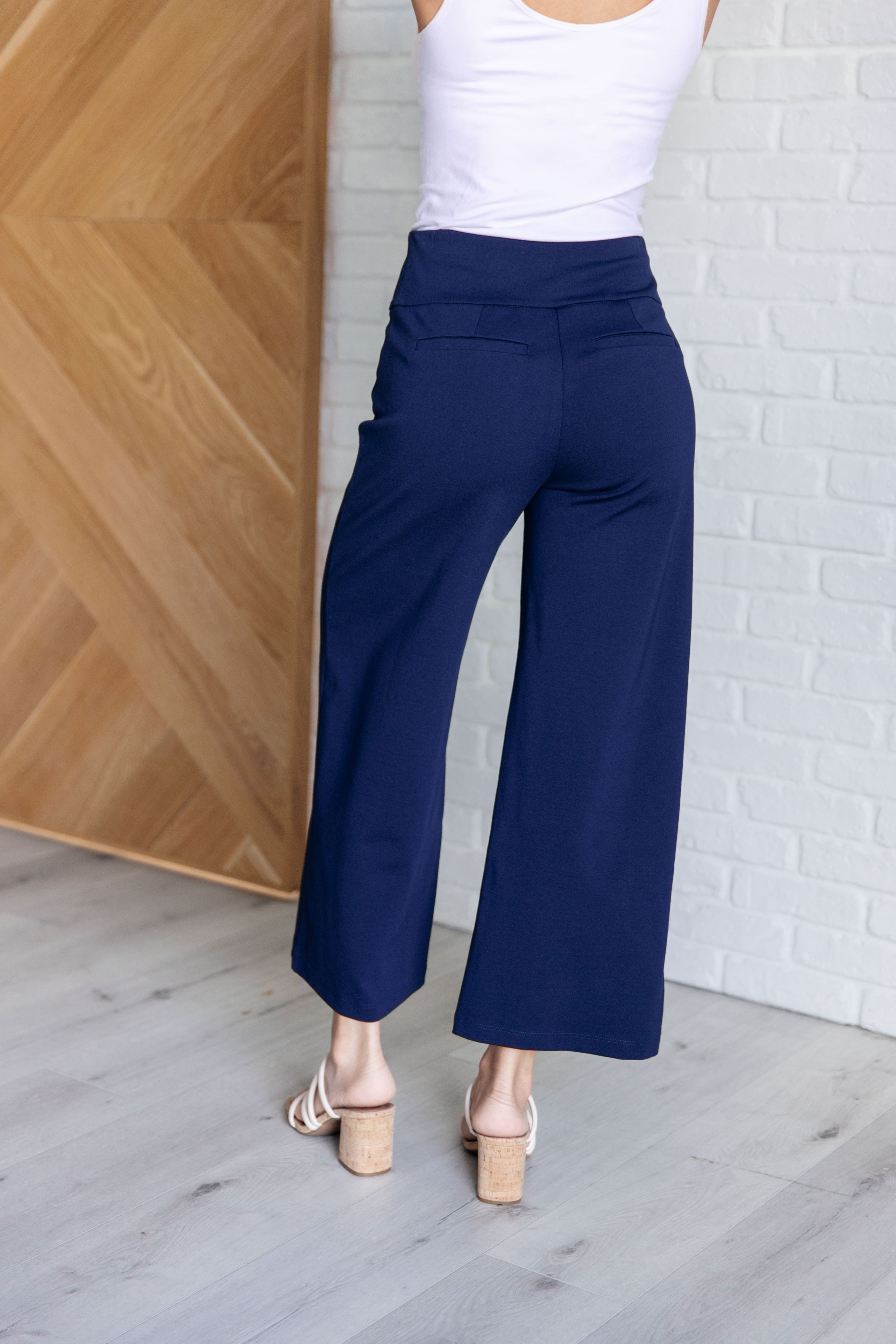 Stylish Navy Blue Magic Wide Leg Crop Pants for Women - Comfortable High Waist Palazzo Trousers for Casual Wear, Office & Summer Outfits