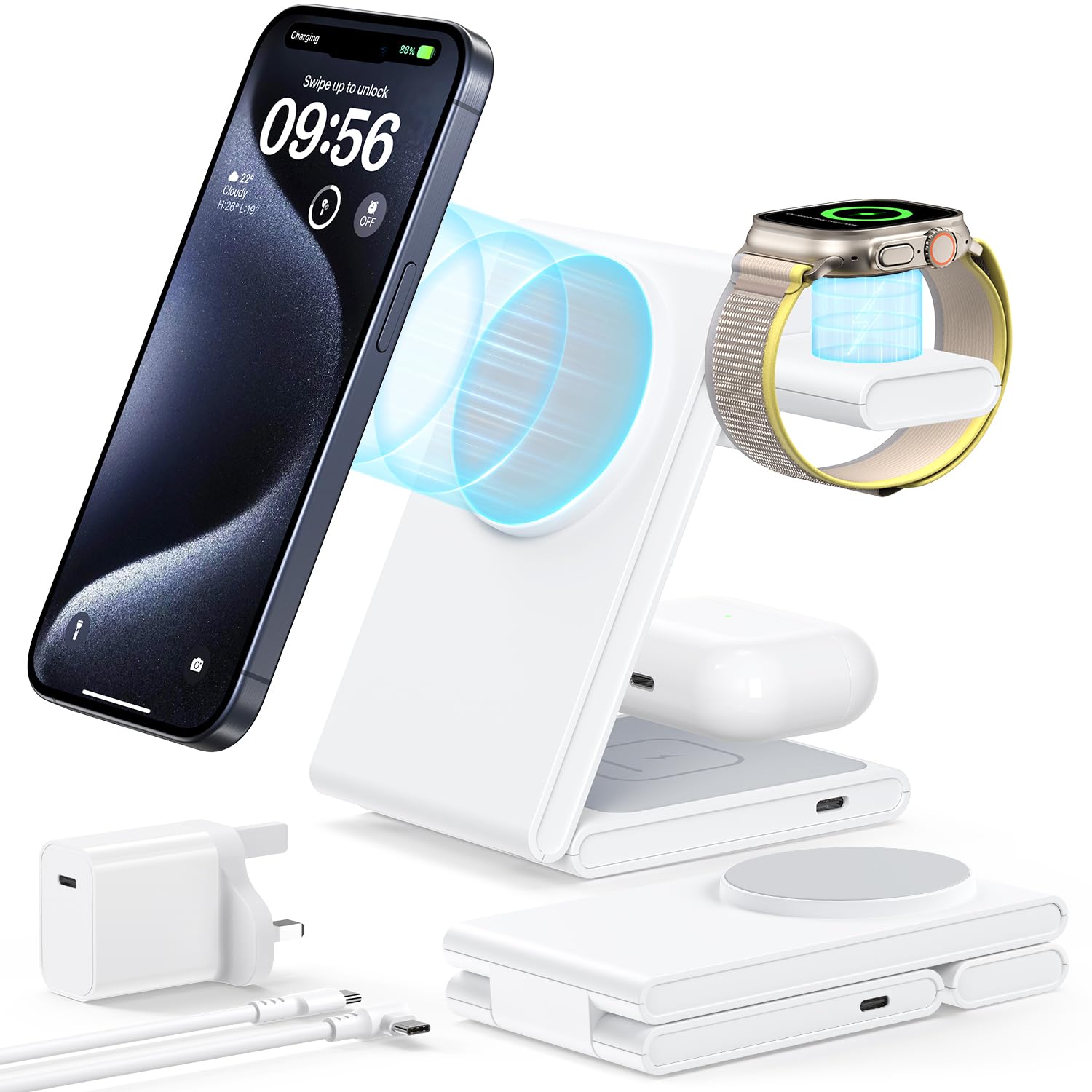 Meifigno 3-in-1 Foldable Magnetic Wireless Charging Station with 20W PD USB-C Adapter | Fast Charging Stand for iPhone 16/15/14/13/12 Pro/Max, Apple Watch Series 9/8/7/SE, AirPods Pro/3/2 | Perfect for Home, Office & Travel | Space Gray