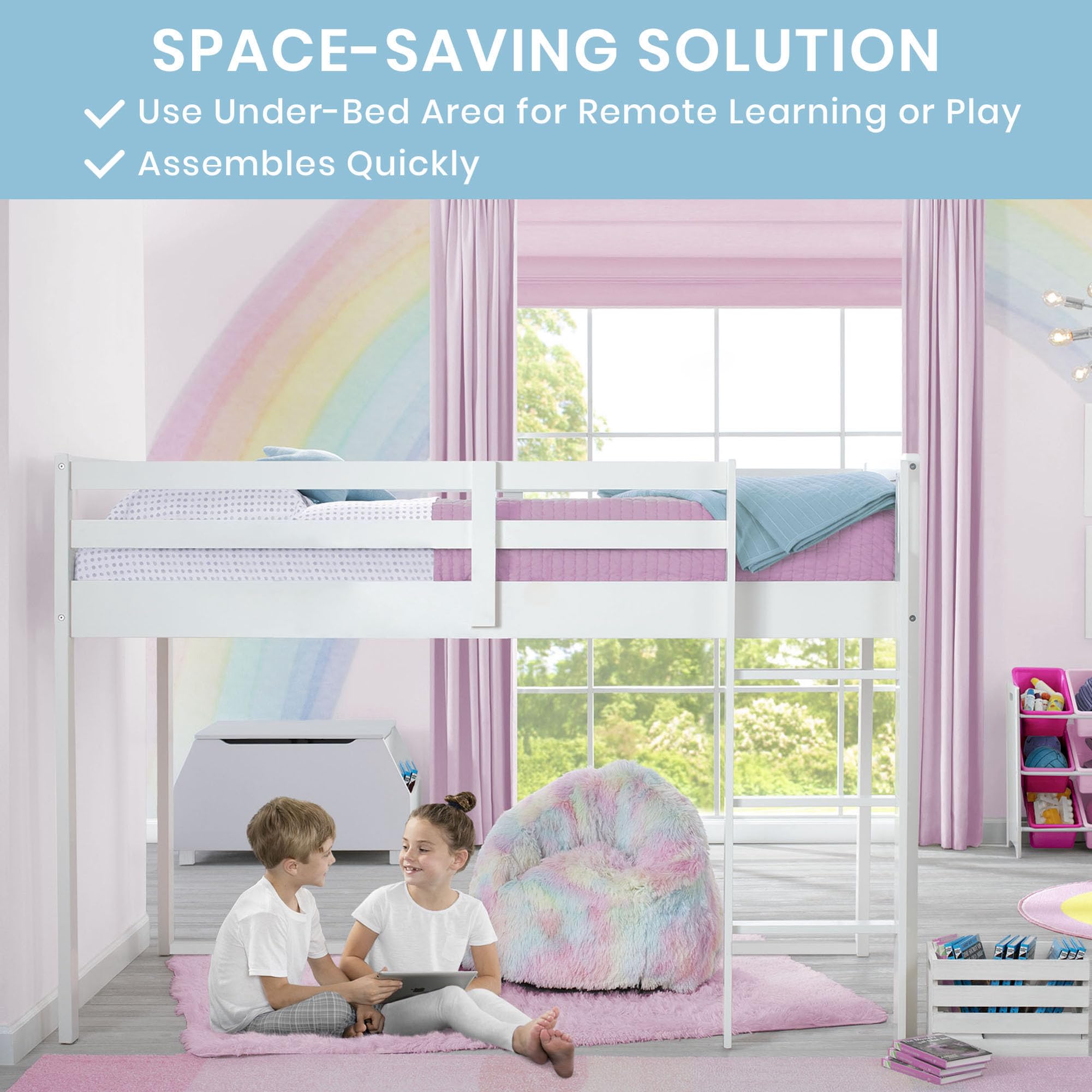 Delta Children Twin Loft Bed with Guardrail & Ladder - White | Safe Kids Bunk Bed for Small Spaces | Coordinates with Disney Princess & JoJo Siwa Tents | Perfect for Bedrooms, Dorms & Tiny Homes