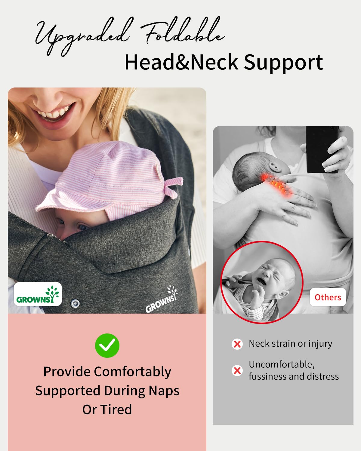 GROWNSY Ergonomic Baby Carrier - Soft & Cozy Infant Wrap for Newborn to Toddler with Head Support - Deep Grey - Perfect for Hands-Free Parenting, Shopping & Outdoor Adventures
