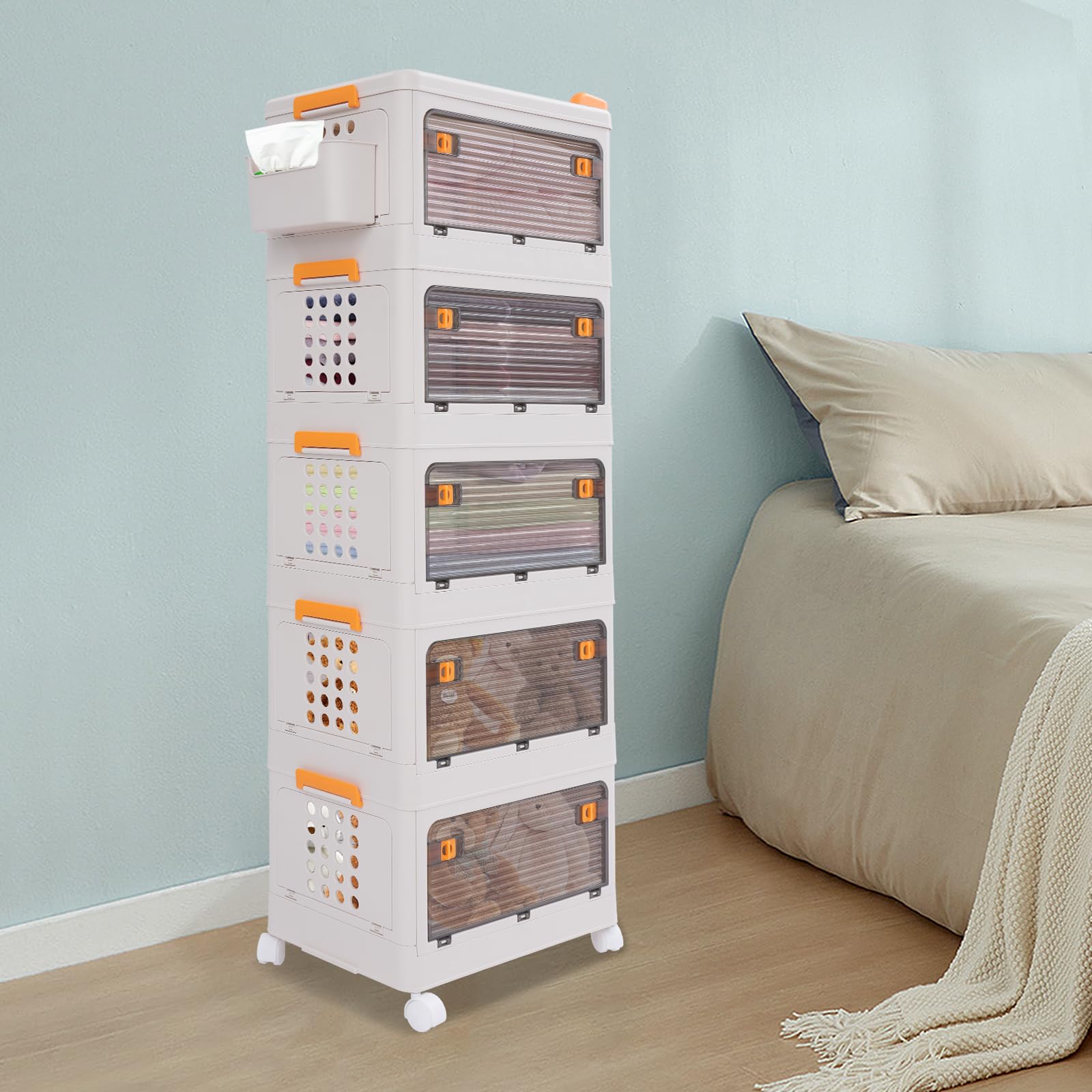 5-Tier Rolling Foldable Storage Organizer with Wheels & Side Basket - Collapsible Plastic Storage Cabinet for Bedroom, Living Room, Kitchen, Bathroom - Space-Saving Closet Organization Solution for Home & Office Use