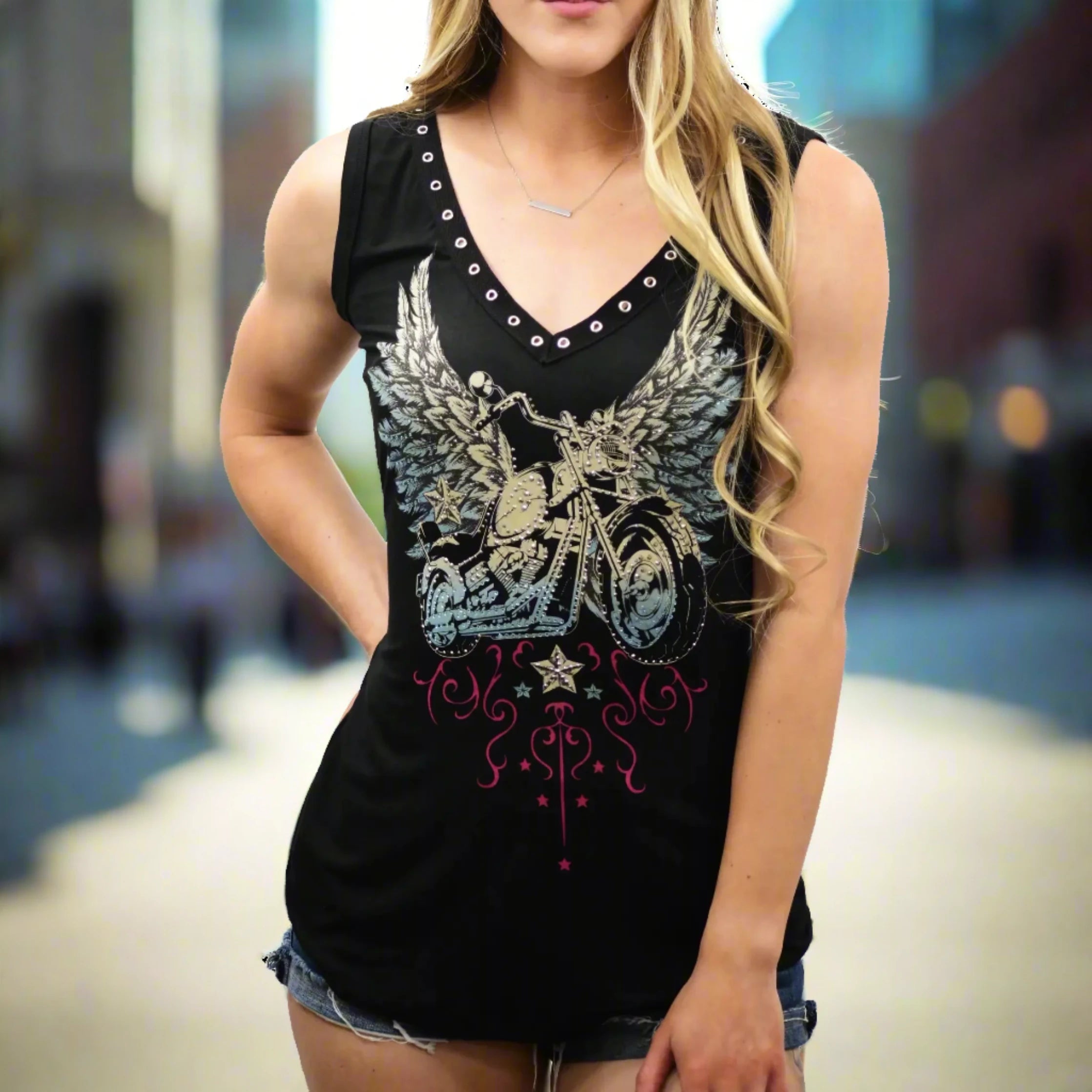 Liberty Wear Women's Bike and Wings Graphic T-Shirt - Comfortable Cotton Tee for Cycling, Motorcycle Riding & Casual Wear
