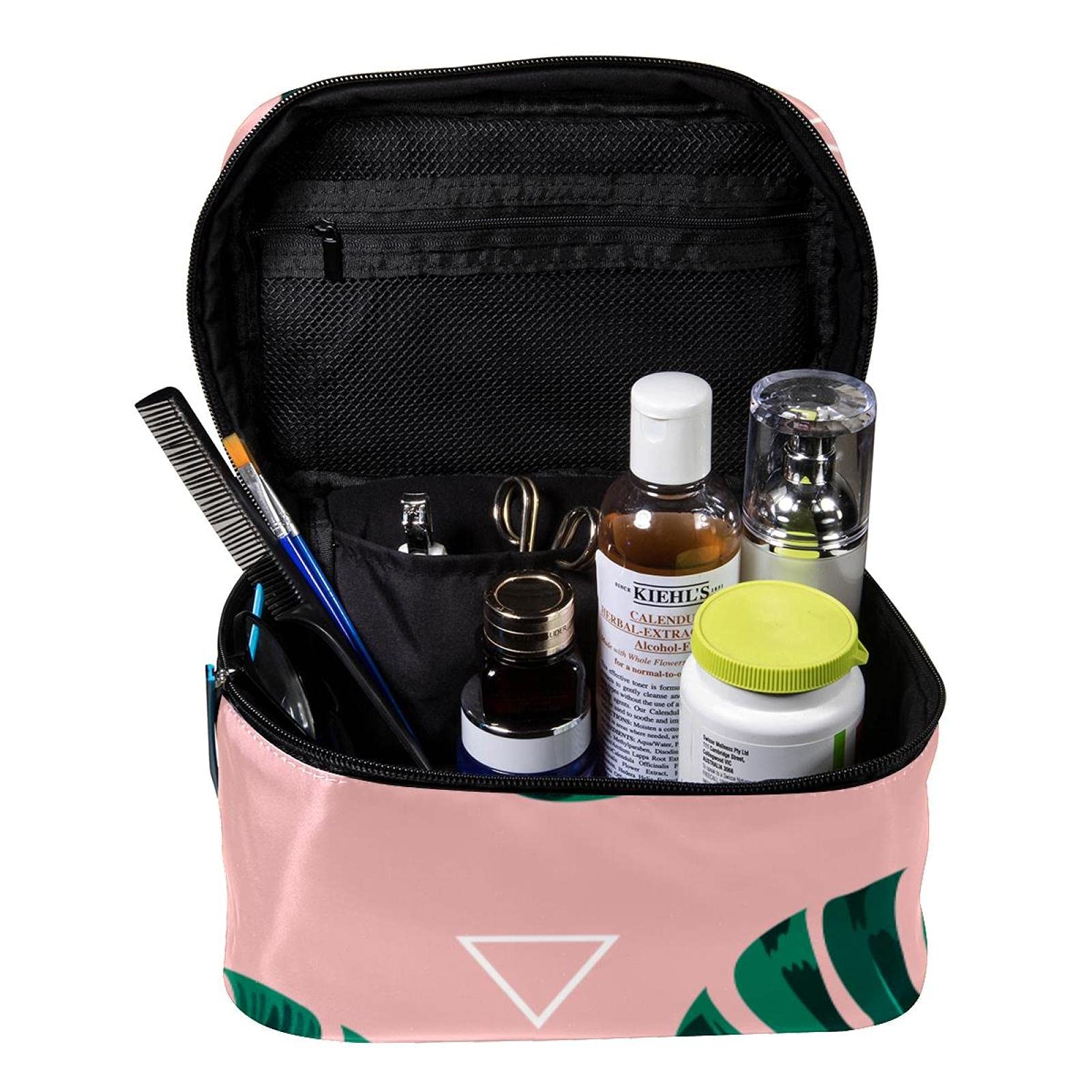 Stylish Pink Tropical Leaves Travel Makeup Bag - Large Cosmetic Organizer with Zipper for Women & Girls | Perfect for Vacations, Gym, and Daily Essentials Storage