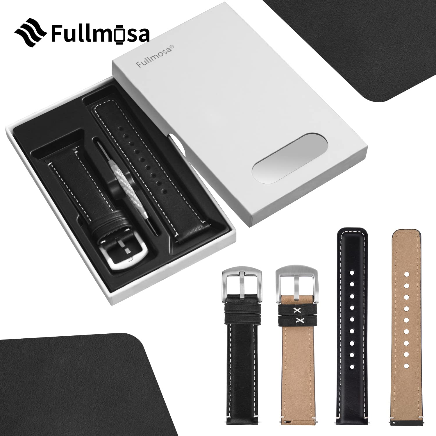 Fullmosa Quick Release Leather Watch Band 22mm 20mm 18mm - Burnished Strap for Samsung Galaxy Watch/Garmin Watch - Perfect for Business, Casual & Outdoor Activities