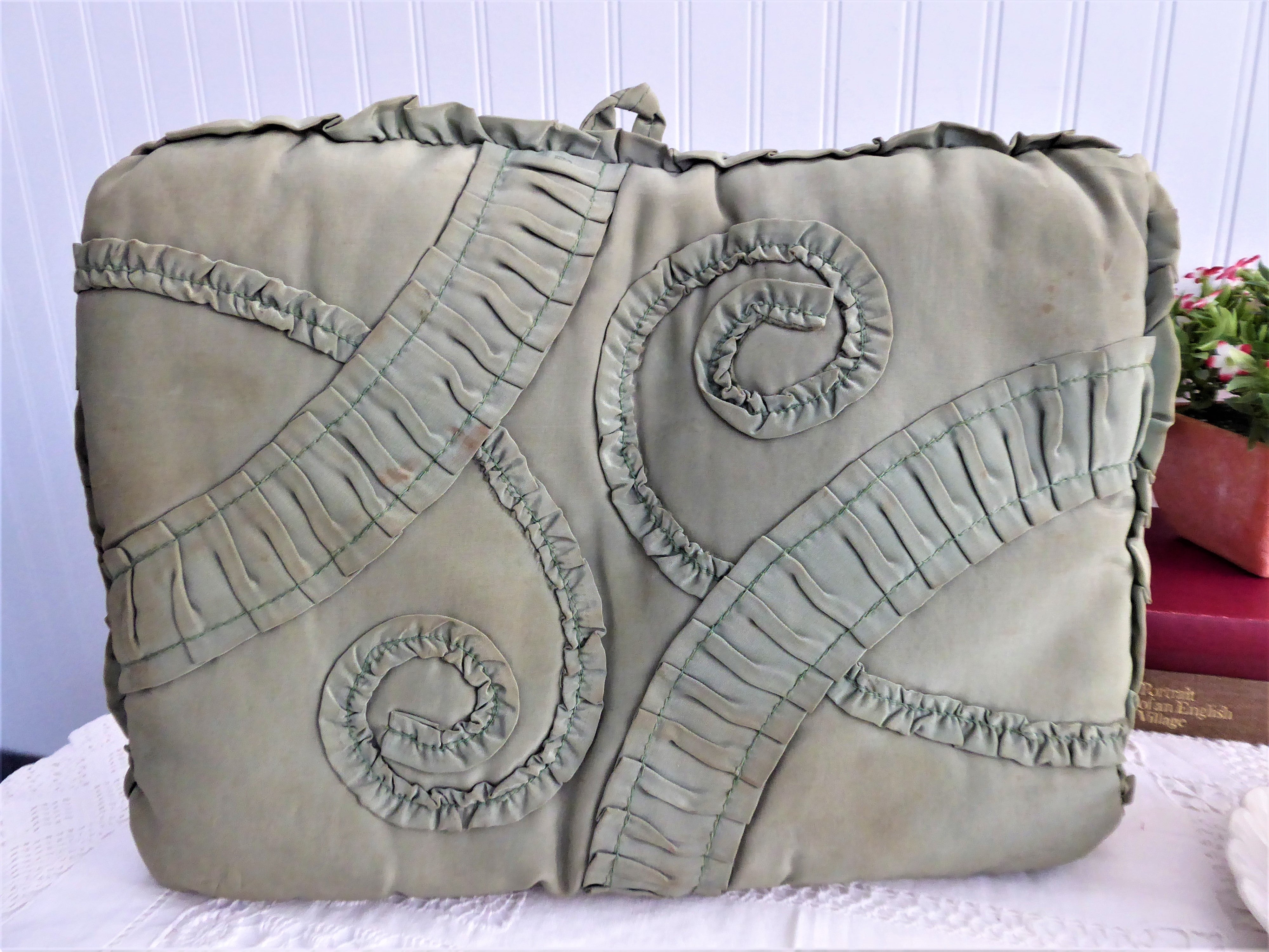 Handmade Edwardian Tea Cozy - English Silk Ruched Padded Tea Warmer in Olive Green (1900-1910) | Vintage Style Tea Pot Cover for Afternoon Tea & British Tea Parties