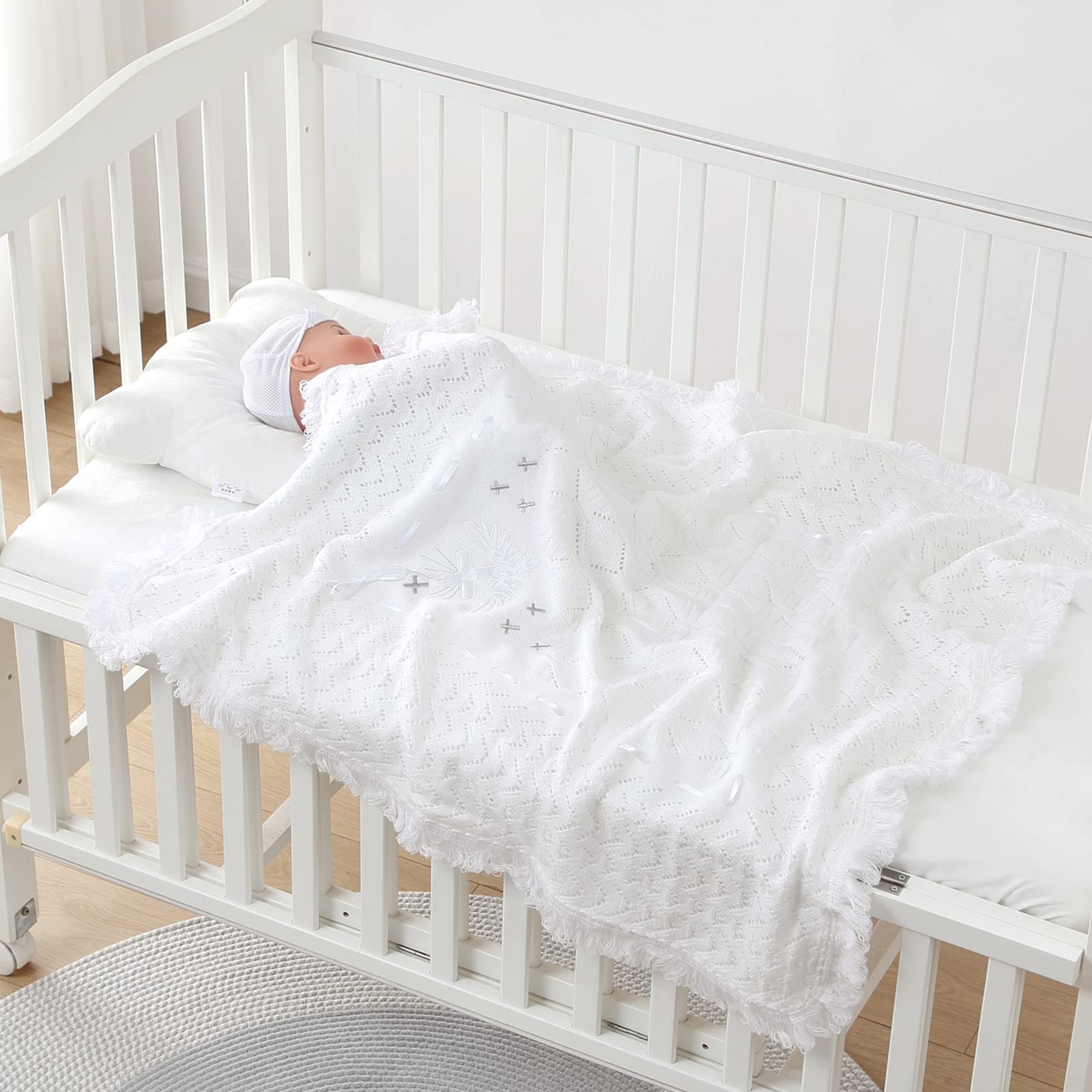 Booulfi Baby Christening Blanket - Soft White Knitted Baptism Shawl for Newborn Boys & Girls - Perfect for Christening Ceremonies, Baby Dedications & Photo Shoots