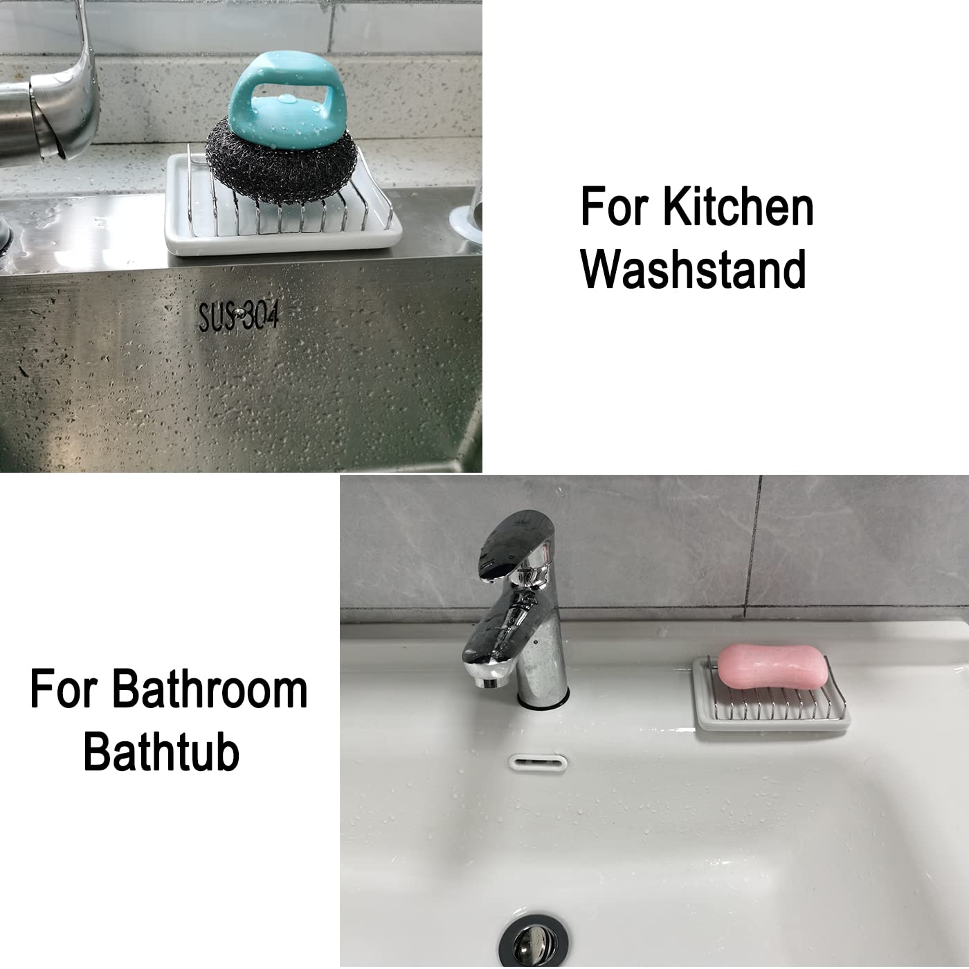 Stainless Steel Ceramic Soap Dish with Drain Tray - Self Draining Soap Holder & Sponge Organizer for Shower, Bathroom, Kitchen Sink - Perfect for Bathroom Countertops, Shower Shelves & Kitchen Organization
