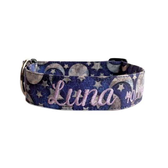 Personalized Embroidered Dog Collar with Moon & Stars Design - Custom Pet Collar for Small Medium Large Dogs - Perfect for Daily Walks, Training & Gifts