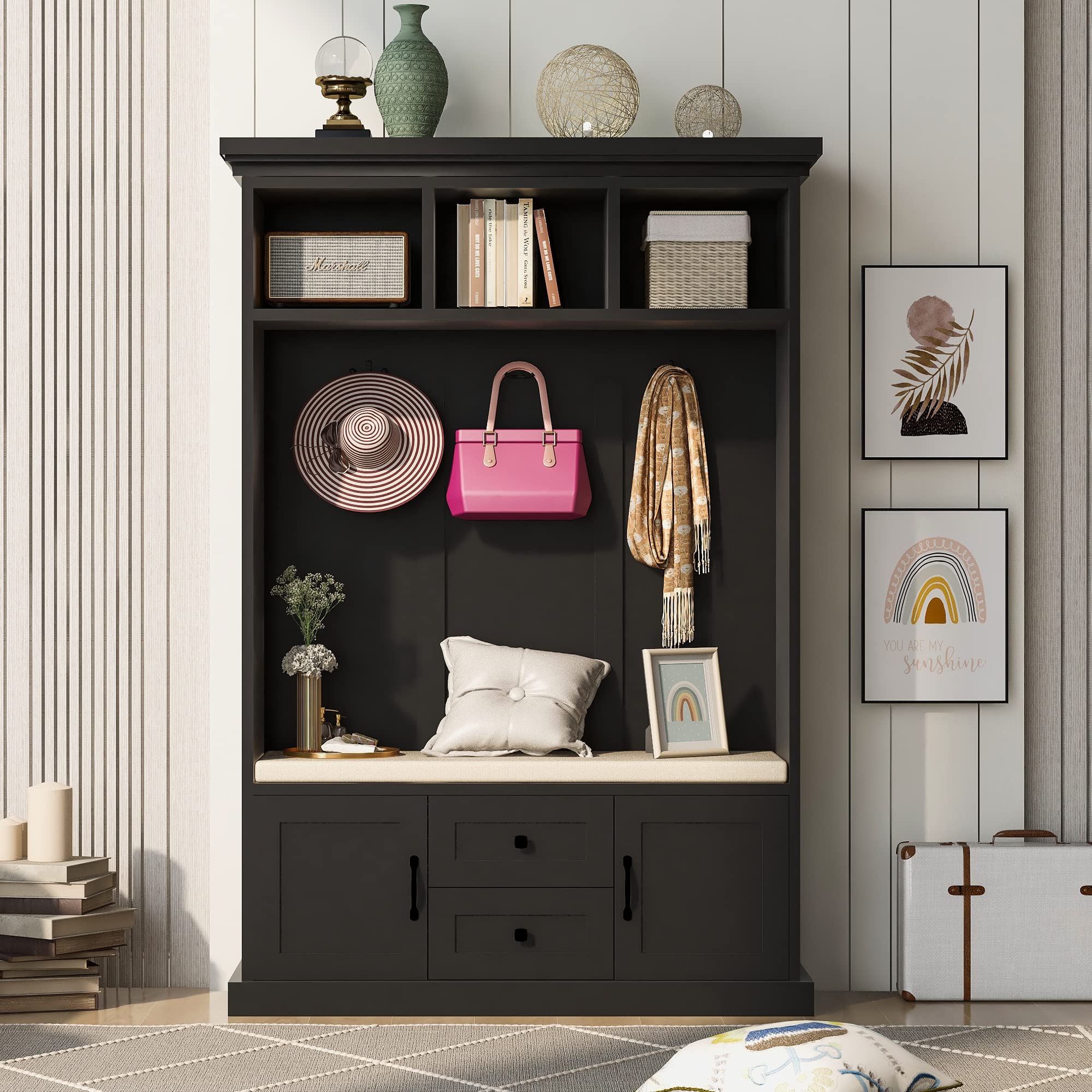 Merax 3-in-1 Hall Tree with Coat Hooks, Entryway Bench & Storage - Space Saving Entryway Organizer for Coats, Shoes & Bags - Perfect for Small Apartments, Mudrooms & Home Entryways (Black)