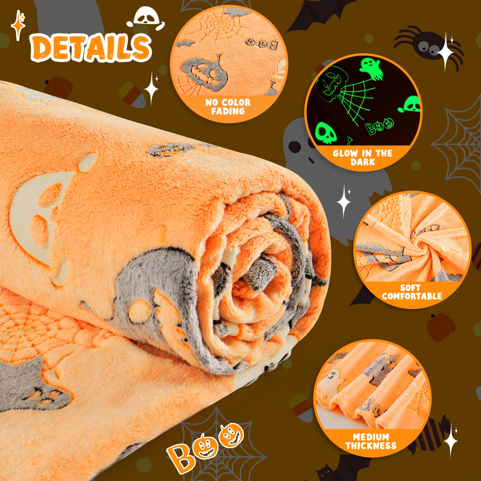 Glow in The Dark Halloween Blanket - Spooky Spider Web & Pumpkin Ghost Design, Soft Plush Throw Blanket for Kids (50