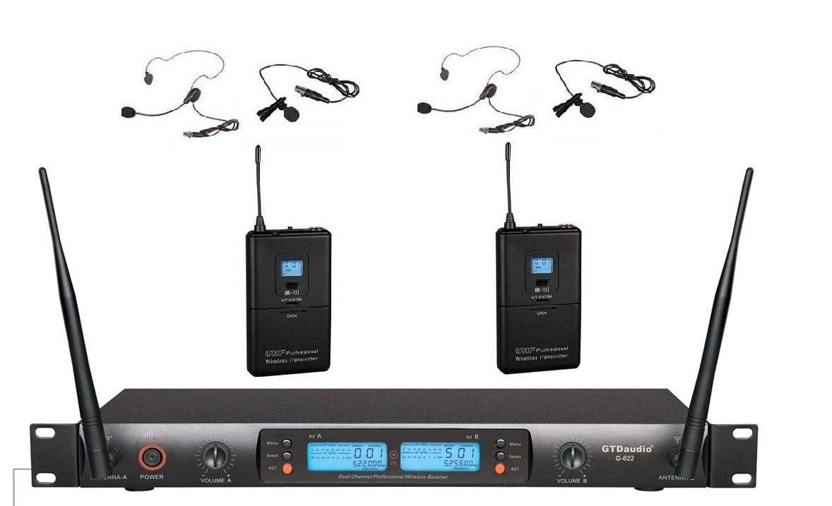 GTD Audio 2x100 Channel UHF Wireless Lavalier Microphone System - Dual Channel Selectable Frequency Headset Mic for Professional Presentations, Church Services & Live Performances (Model 622L)