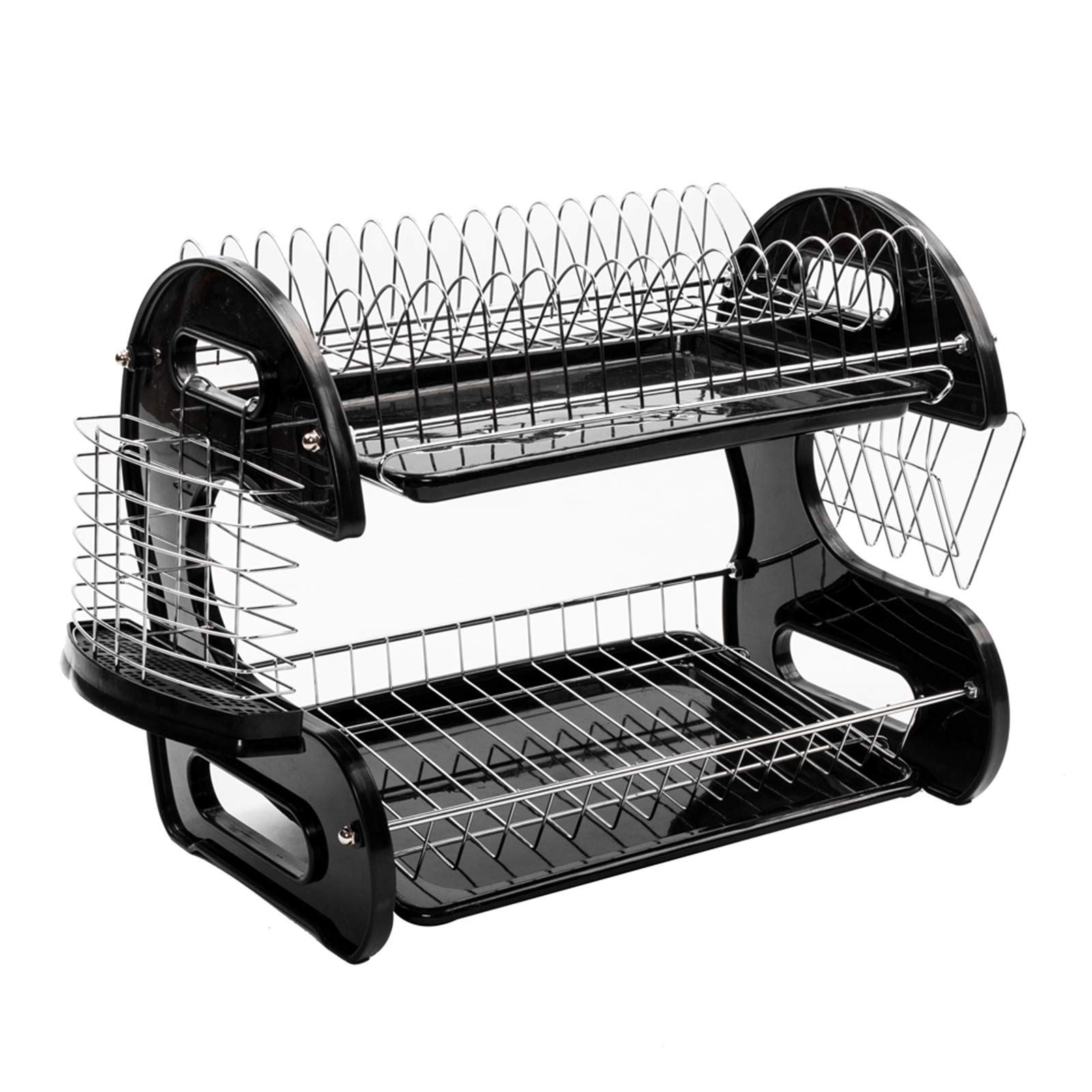 2-Tier Plastic Dish Drying Rack with Drainboard & Utensil Holders - Space Saving Kitchen Counter Organizer for Plates, Cups & Cutlery (Black/Silver, 17.3