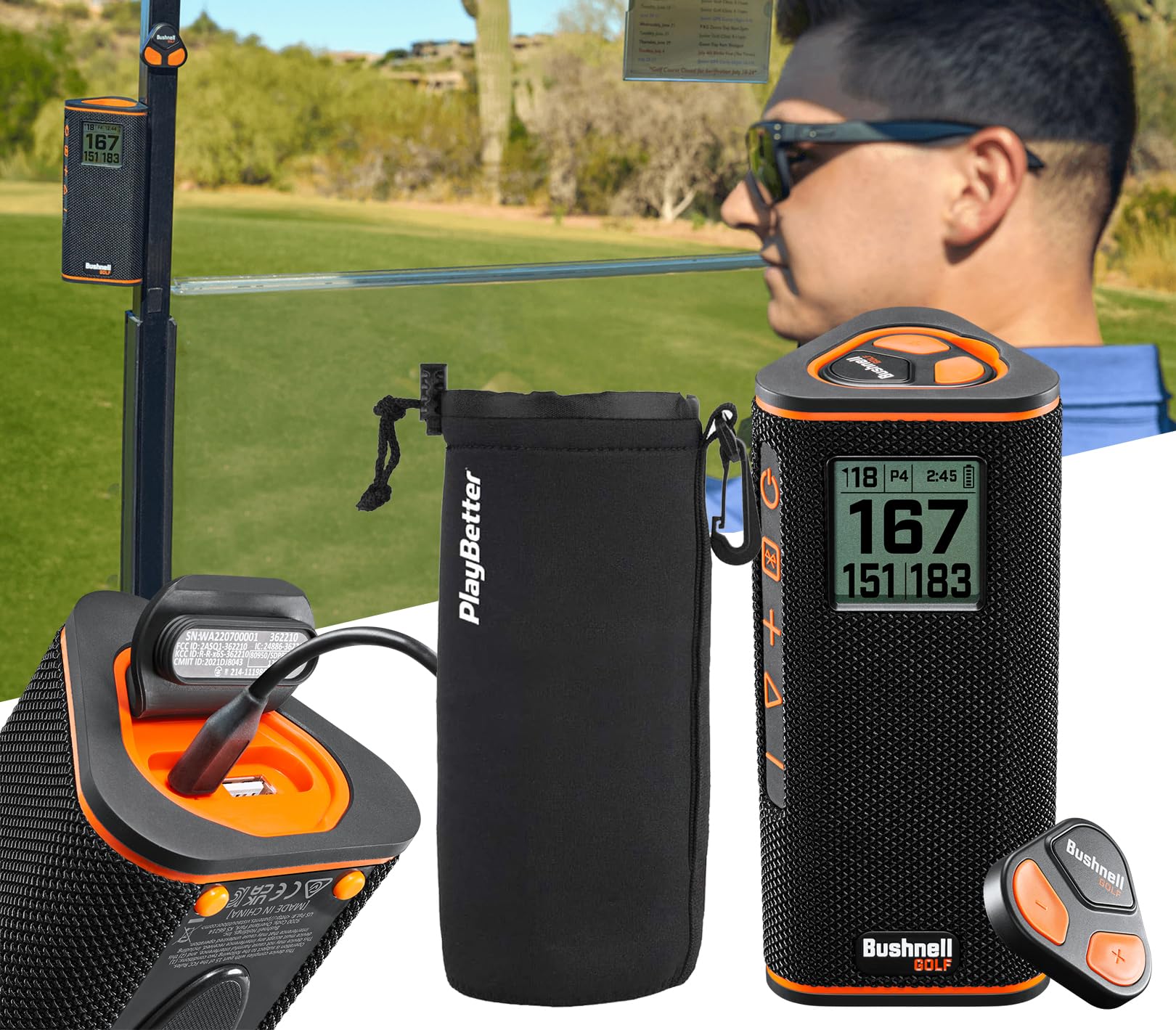 Bushnell Wingman View Golf Speaker Bundle with LCD Display - Bluetooth Speaker & GPS Distance Tracker for Golfers - Includes Protective Pouch - Perfect for Golf Courses, Driving Ranges & Outdoor Activities