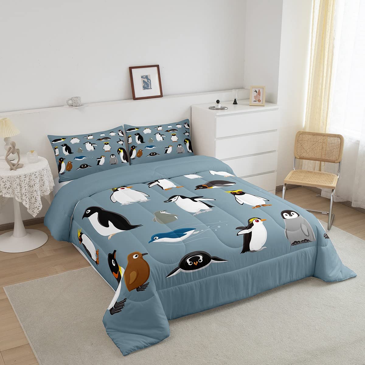 Erosebridal Antarctica Penguins Bedding Set for Boys & Kids - Full Size Wildlife Animal Comforter Set with Cartoon Little Penguins, Cute Wild Safari Theme Quilted Duvet Cover - Perfect for Kids' Bedroom Decor & Wildlife Themed Nursery