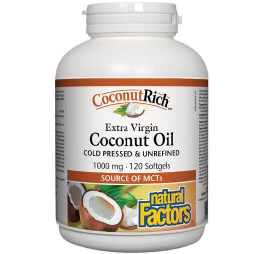 Natural Factors Extra Virgin Coconut Oil 1000mg Softgels (120 Count) - Cold Pressed, Organic, Rich in MCTs - Supports Energy, Skin & Hair Health - Perfect for Cooking, Smoothies & Dietary Supplements
