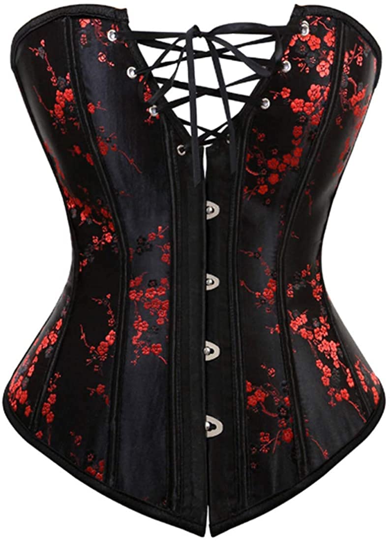 Sexy Satin Floral Corset Top for Women - Overbust Lace Up Boned Bustier with Underbust Body Shaper | Perfect for Burlesque, Cosplay, and Evening Wear