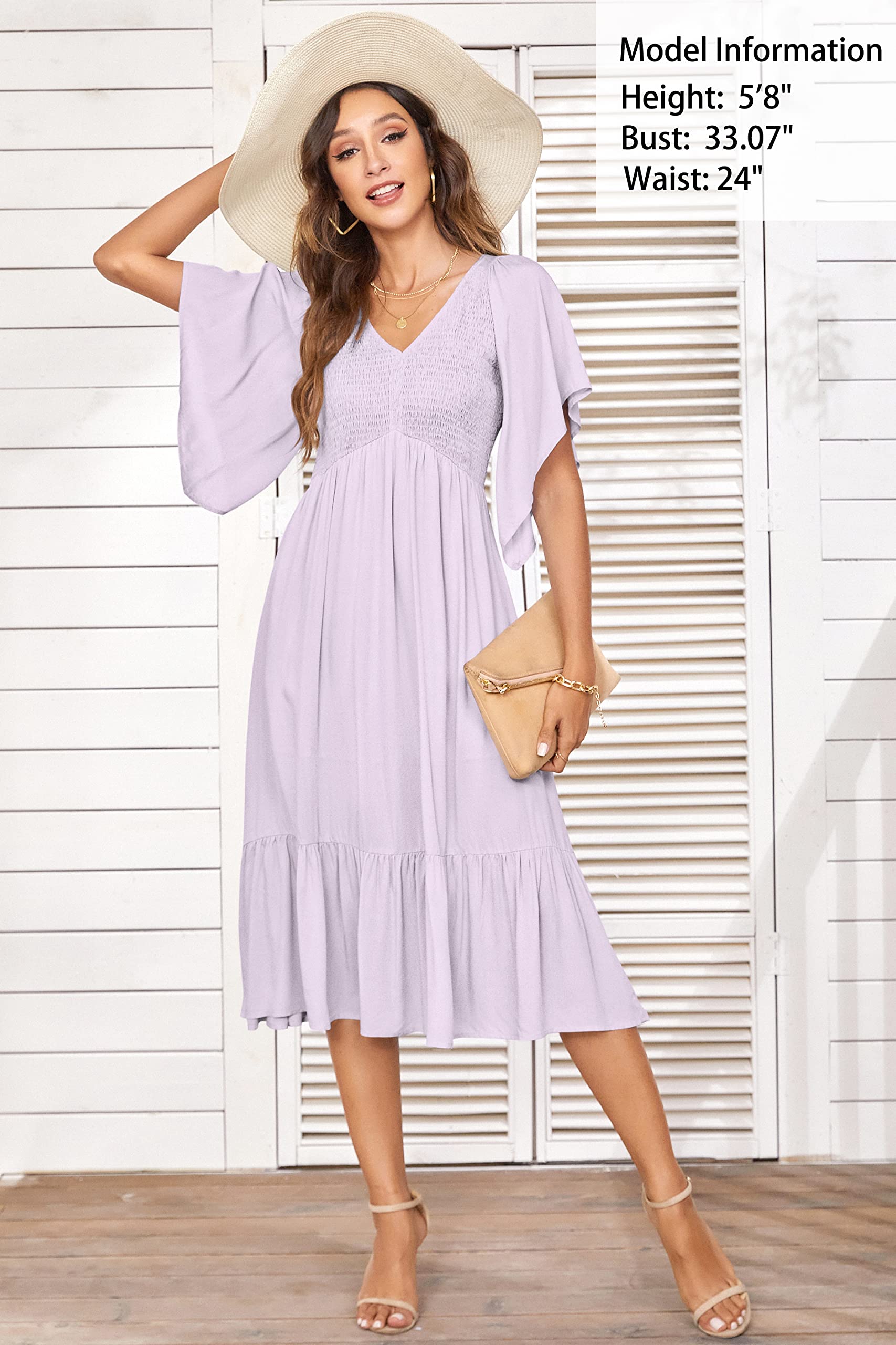 PYGFEMR Women's Summer Floral Print Empire Waist Dress - Smocked Flutter Short Sleeve V-Neck Midi Dress for Beach, Vacation & Casual Wear