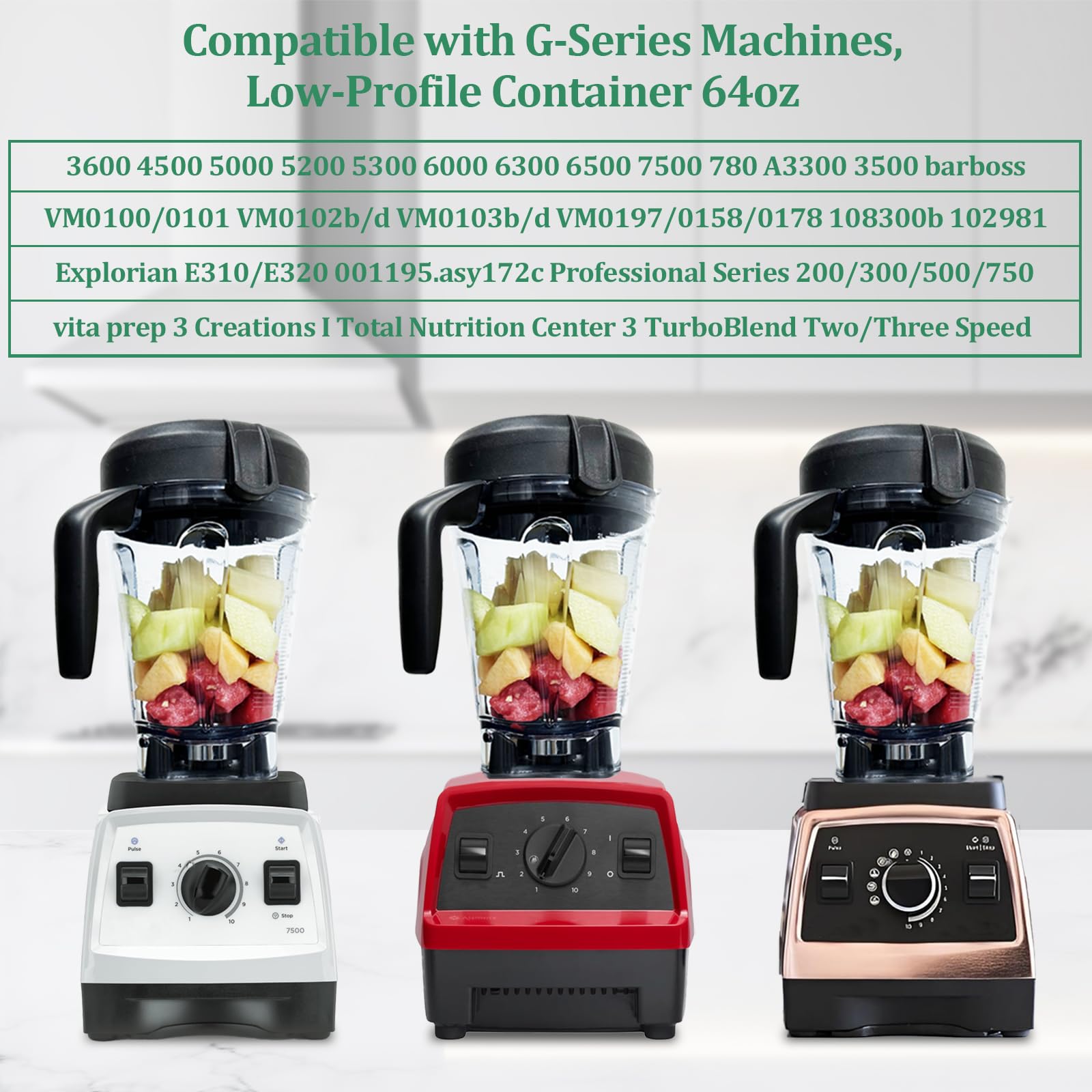 Vitamix Blender Pitcher 64oz Low-Profile Replacement Container - Compatible with Vitamix G-Series, 5300, 6500, 750 & 7500 Blenders - Perfect for Smoothies, Soups & Nut Butters